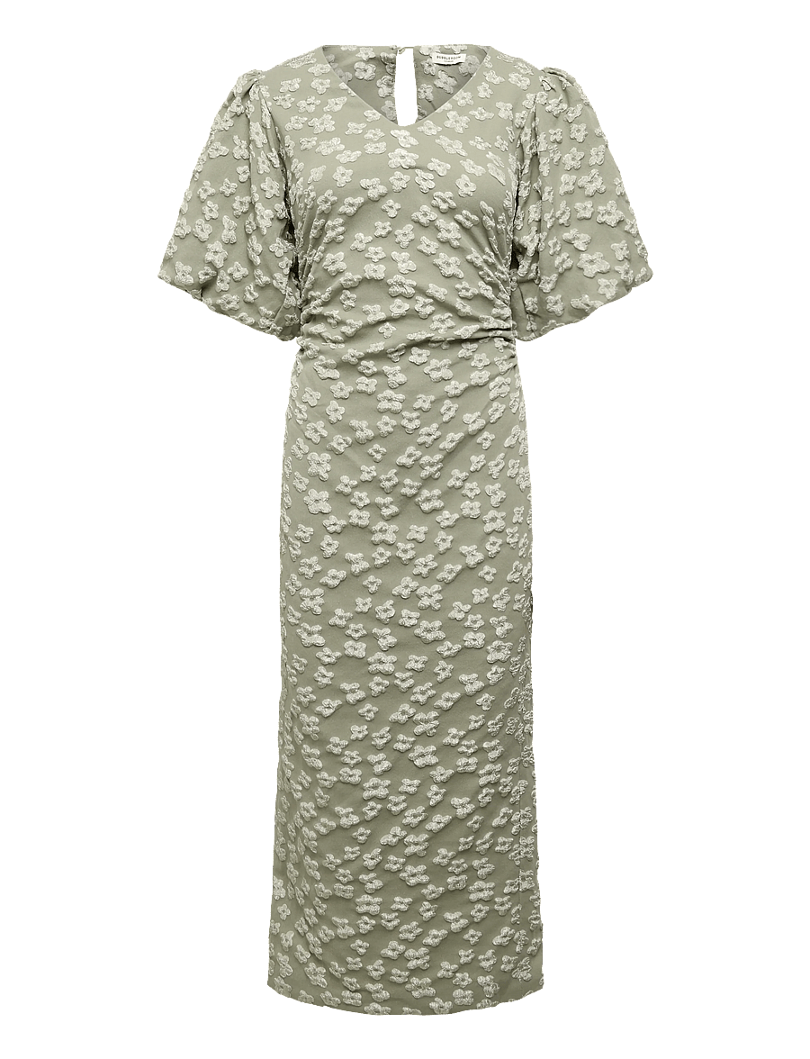 Bubbleroom - Puff Sleeve Jacquard Midi Dress - sommerkleider - light khaki green - 1