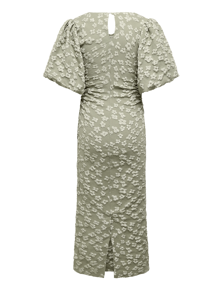 Bubbleroom - Puff Sleeve Jacquard Midi Dress - sommerkleider - light khaki green - 2