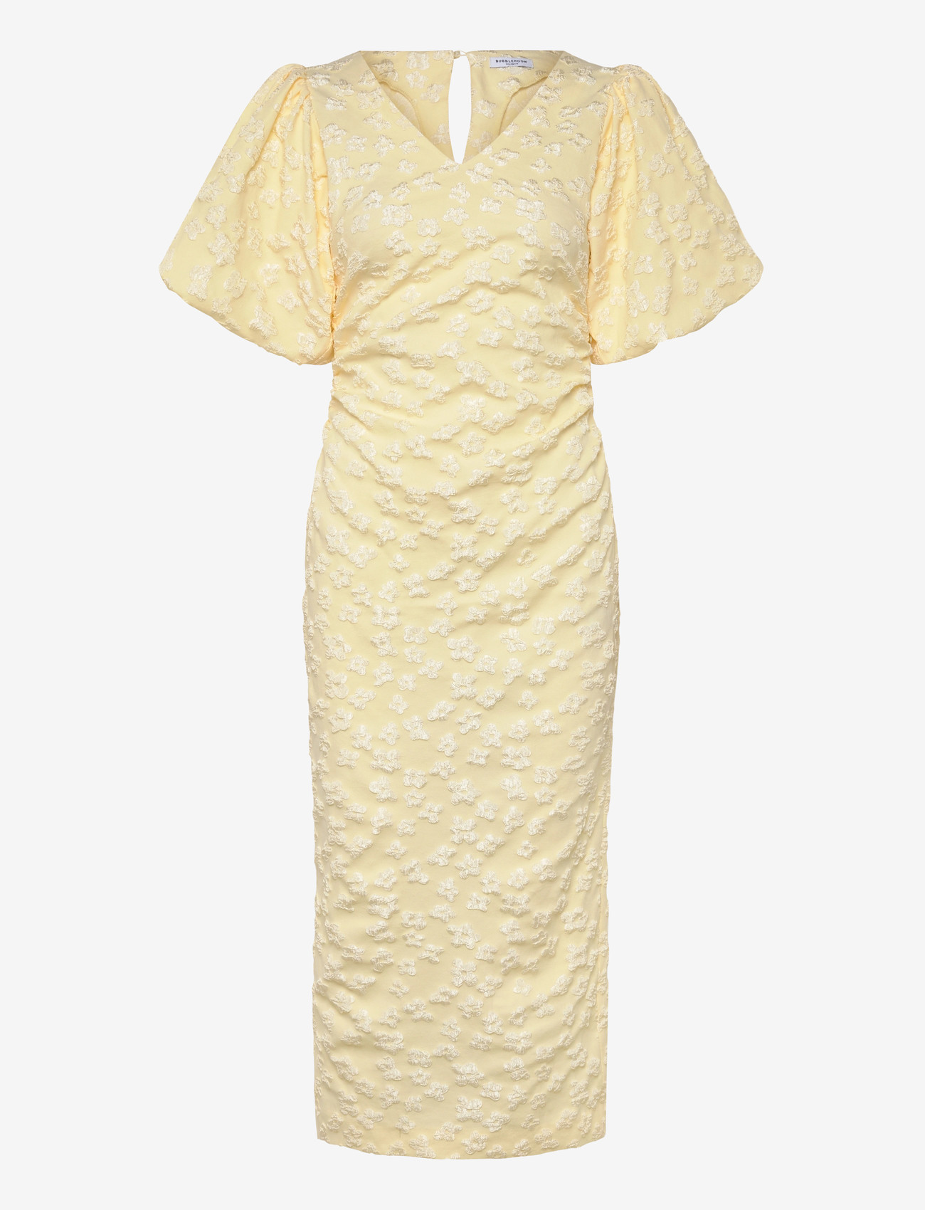 Bubbleroom - Puff Sleeve Jacquard Midi Dress - midi dresses - light yellow - 1