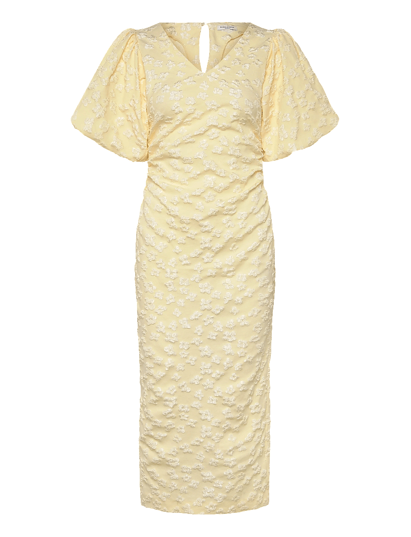 Bubbleroom - Puff Sleeve Jacquard Midi Dress - midi kjoler - light yellow - 1