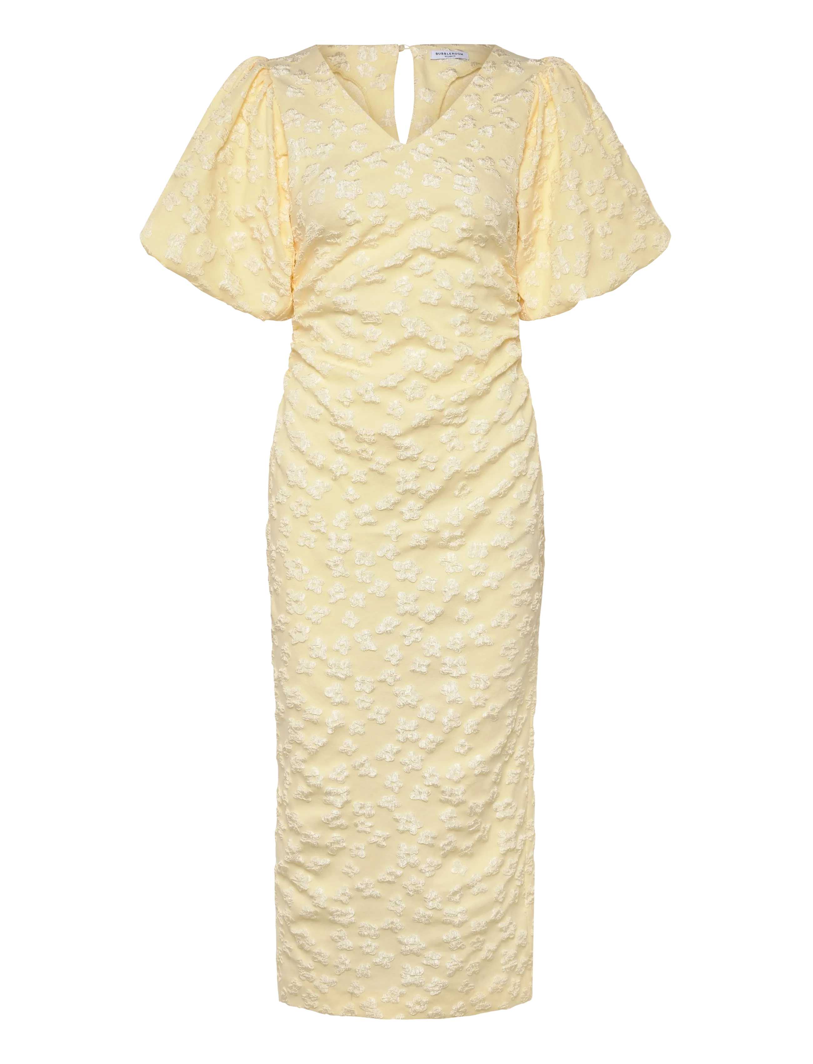 Bubbleroom Puff Sleeve Jacquard Midi Dress - Bubbleroom - LIGHT YELLOW / yellow