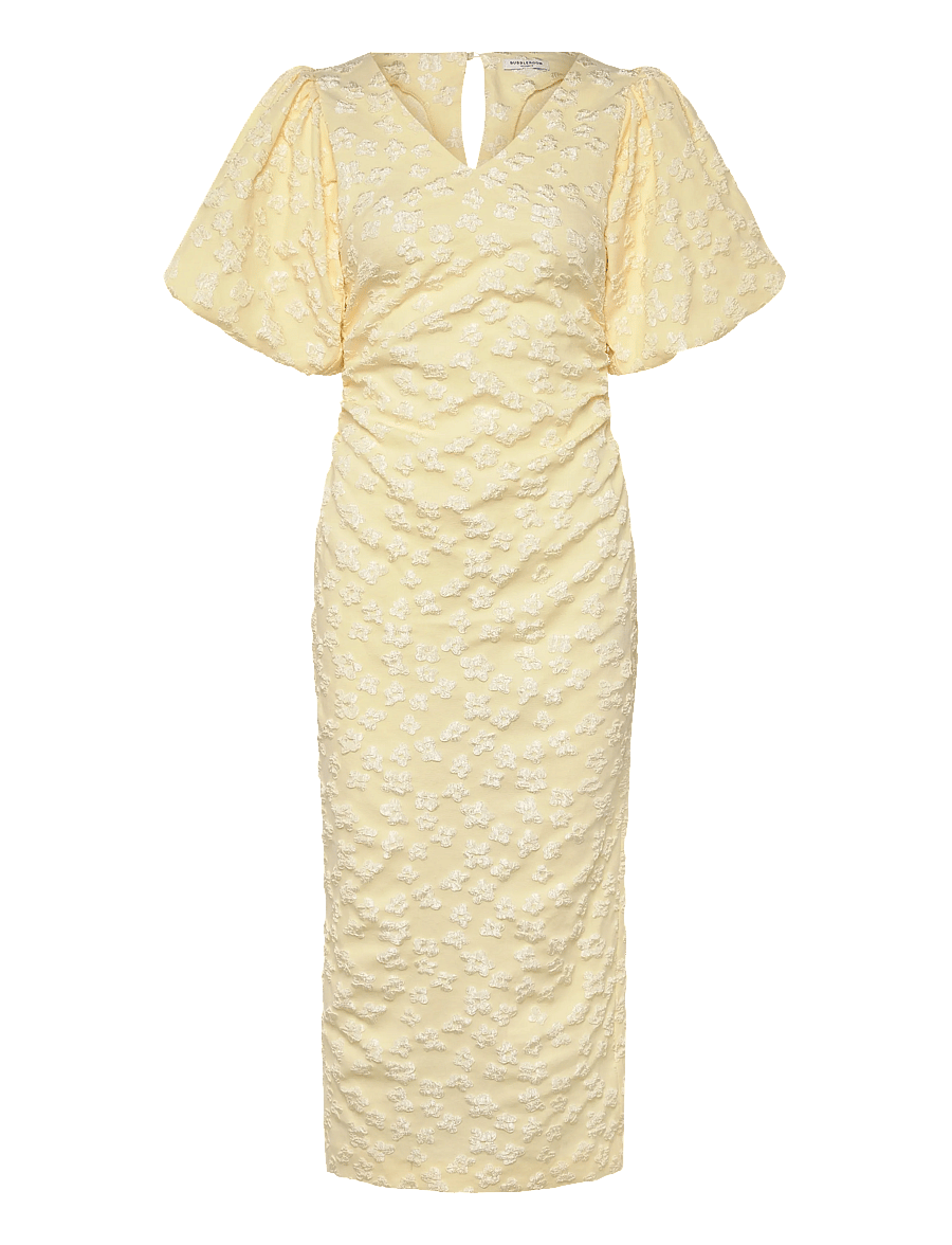 Bubbleroom - Puff Sleeve Jacquard Midi Dress - midikleider - light yellow - 1