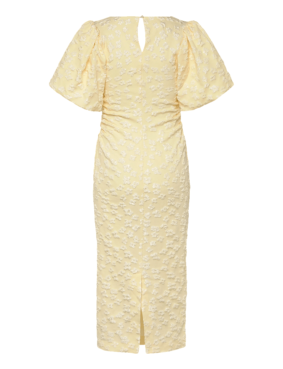 Bubbleroom - Puff Sleeve Jacquard Midi Dress - midikleider - light yellow - 2