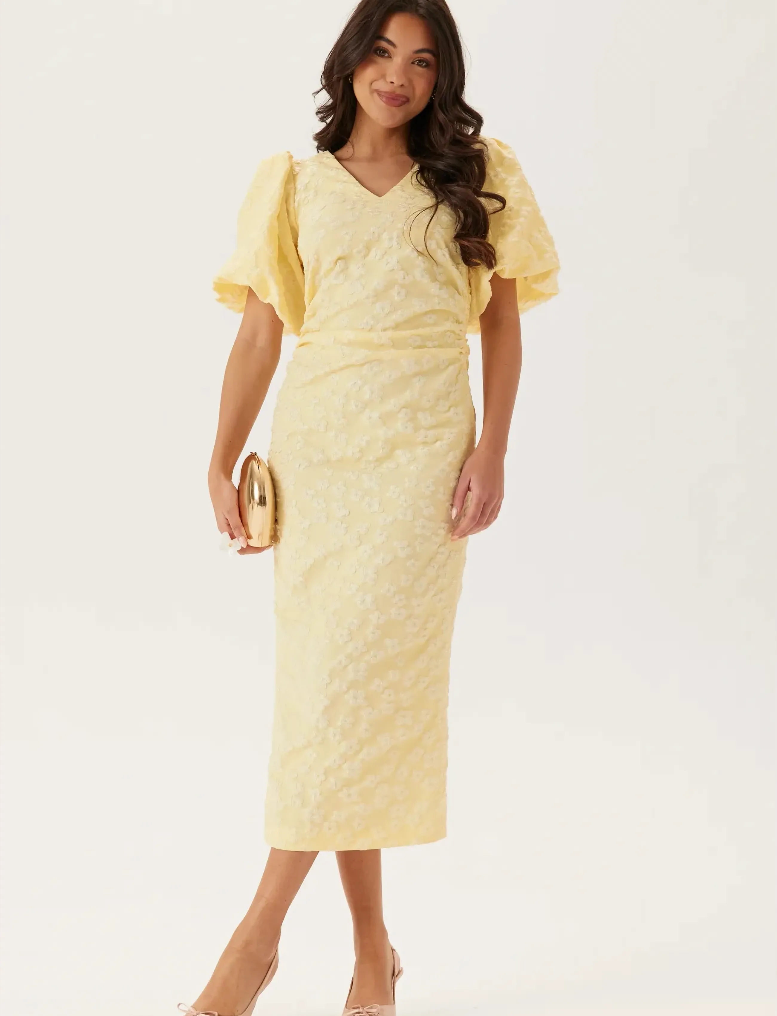 Bubbleroom Puff Sleeve Jacquard Midi Dress, Kvinder, Pufærmet Rynket Midikjole, Gul, Str: 40