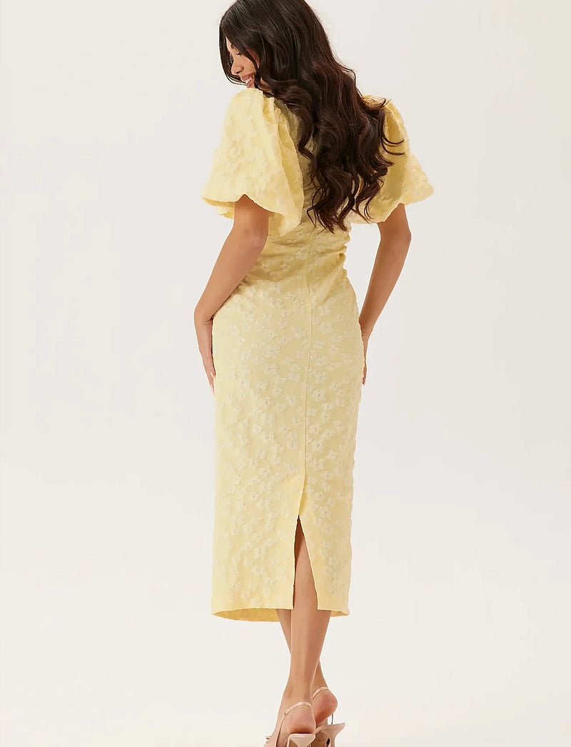 Bubbleroom - Puff Sleeve Jacquard Midi Dress - midi kjoler - light yellow - 3