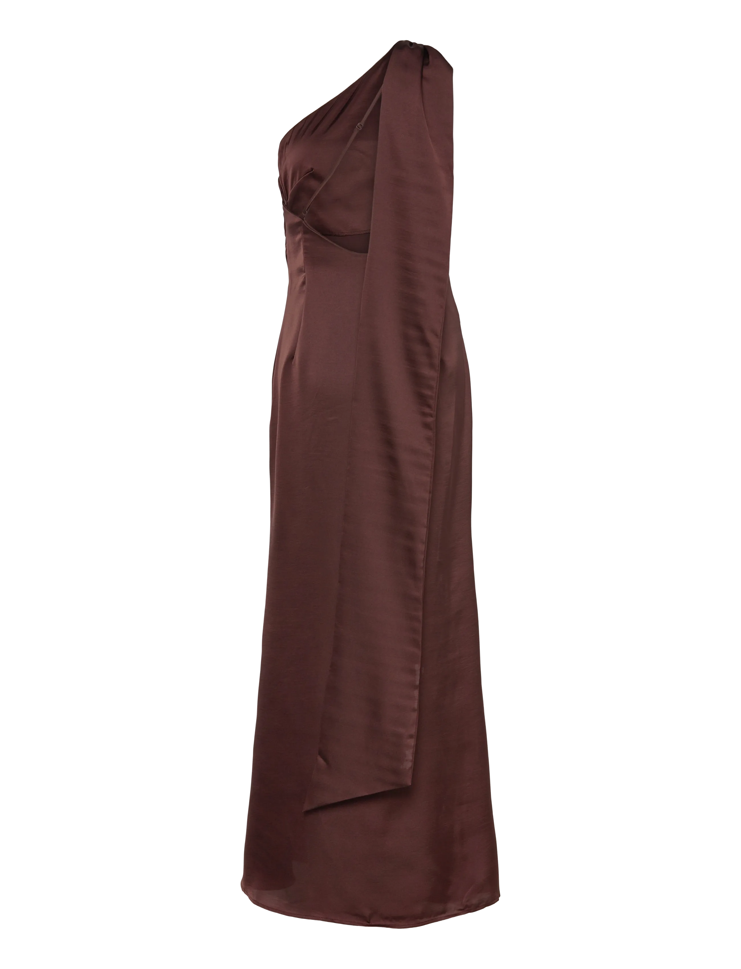 Bubbleroom - One Shoulder Scarf Satin Gown - dark brown - 2