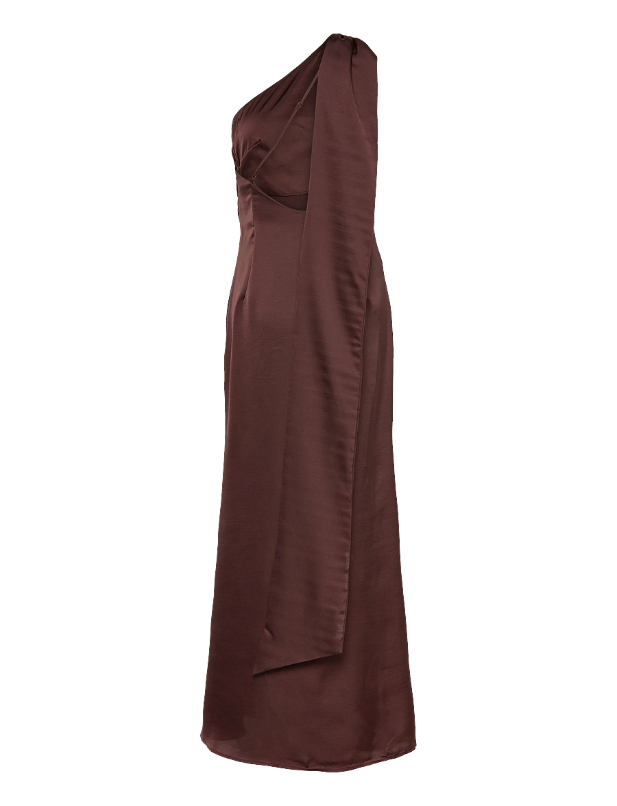 Bubbleroom - One Shoulder Scarf Satin Gown - dark brown - 2