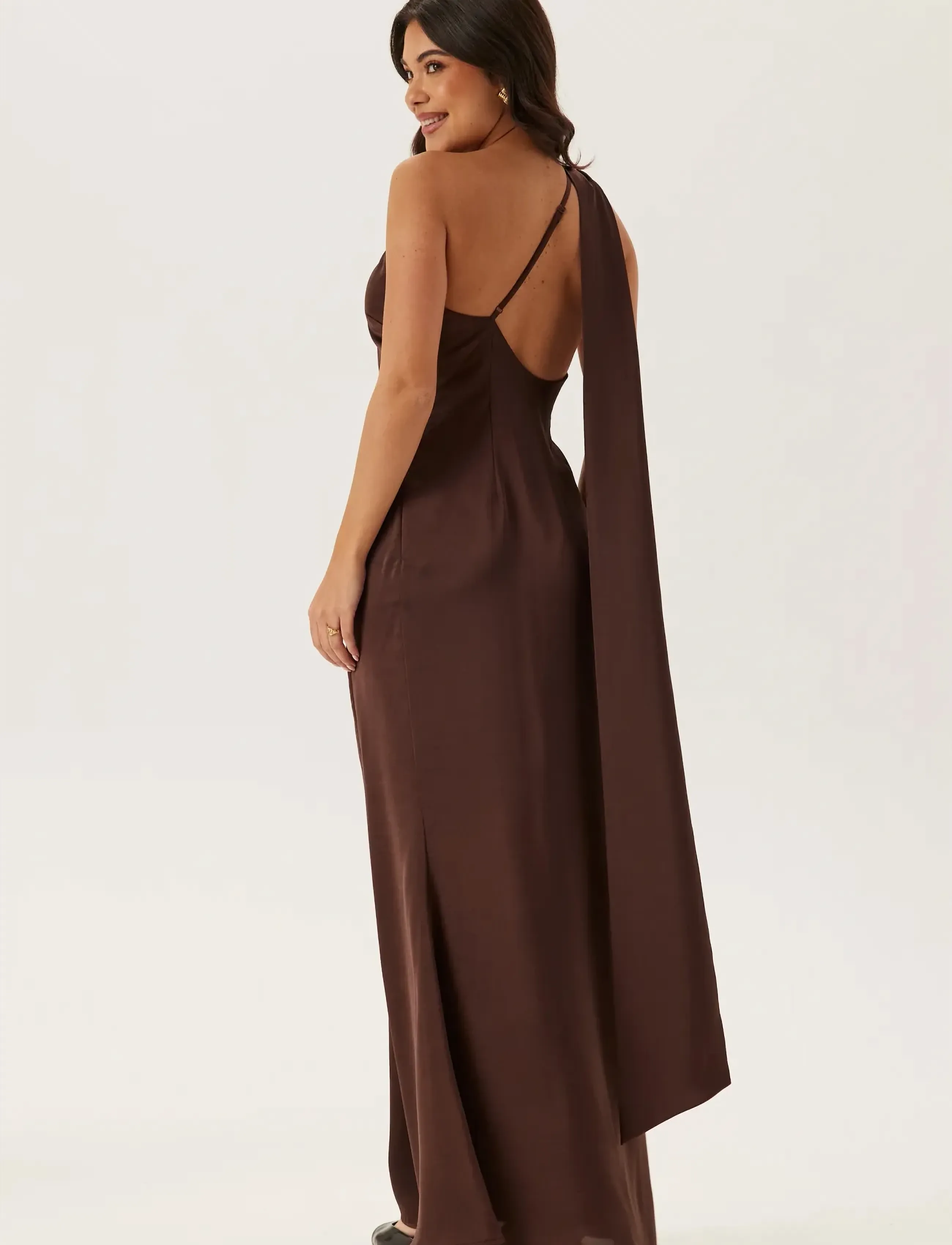 Bubbleroom - One Shoulder Scarf Satin Gown - dark brown - 5