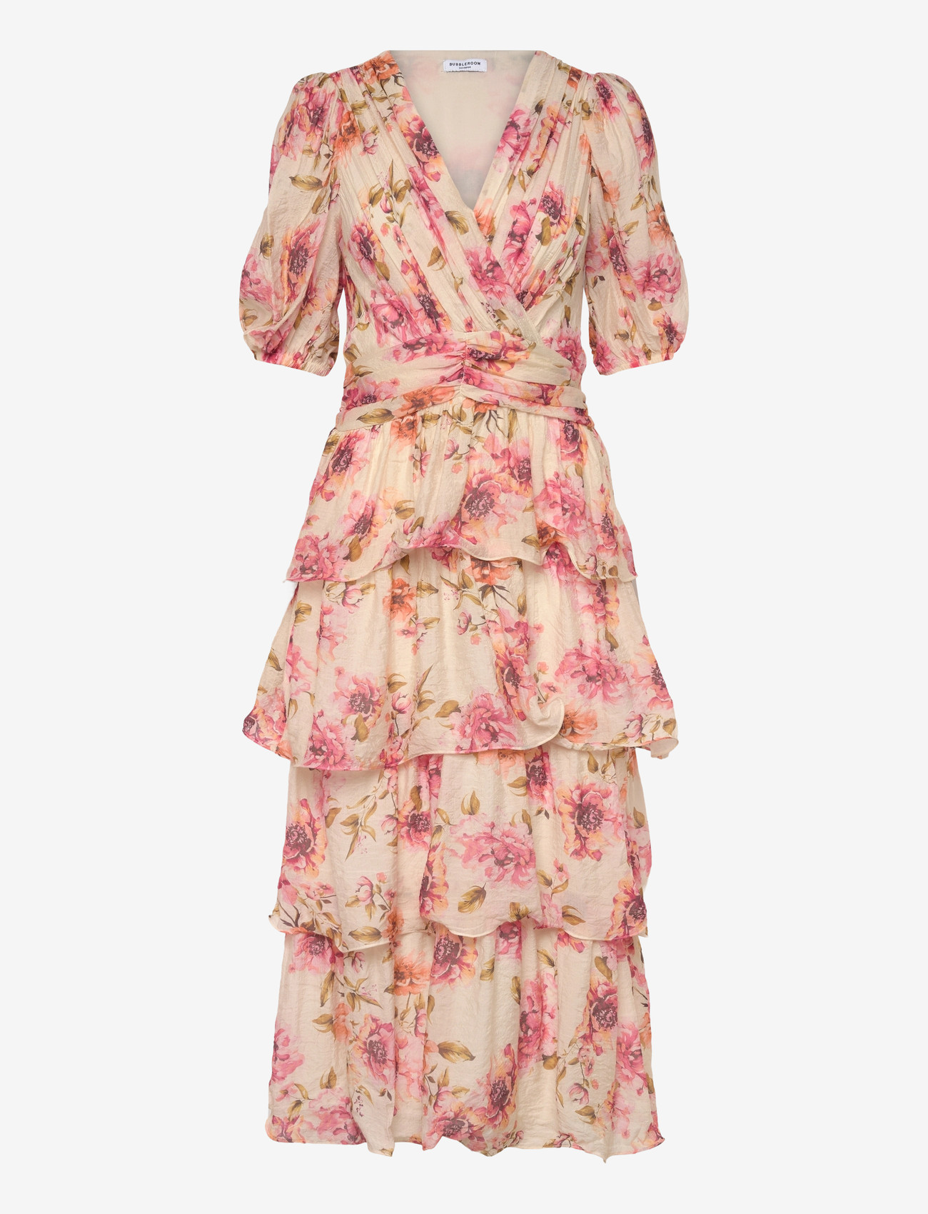 Bubbleroom - Balloon Sleeve Flounce Ankle Dress - summer dresses - light yellow/patterned - 1