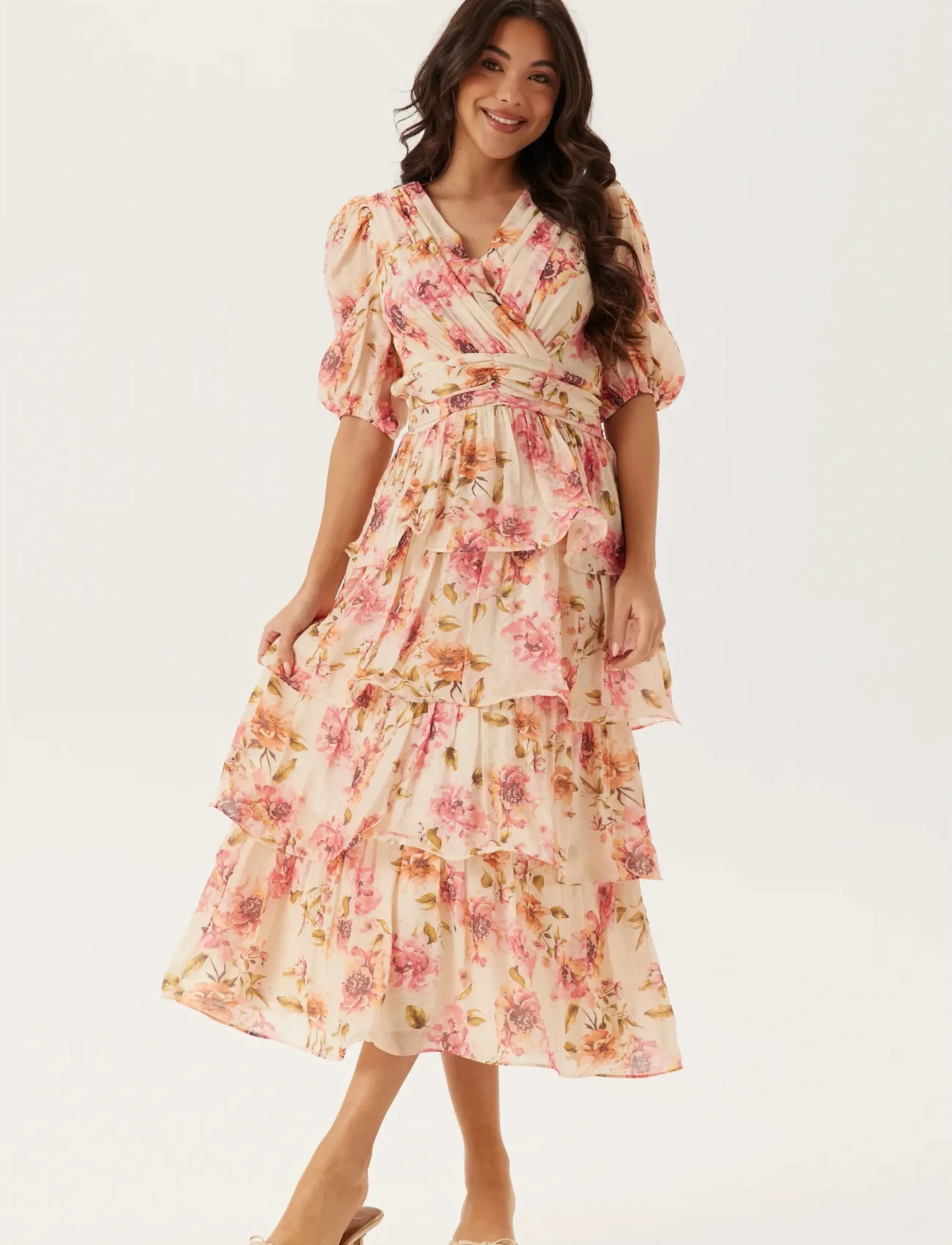 Bubbleroom Balloon Sleeve Flounce Ankle Dress - Kleidung - LIGHT YELLOW/PATTERNED / multi