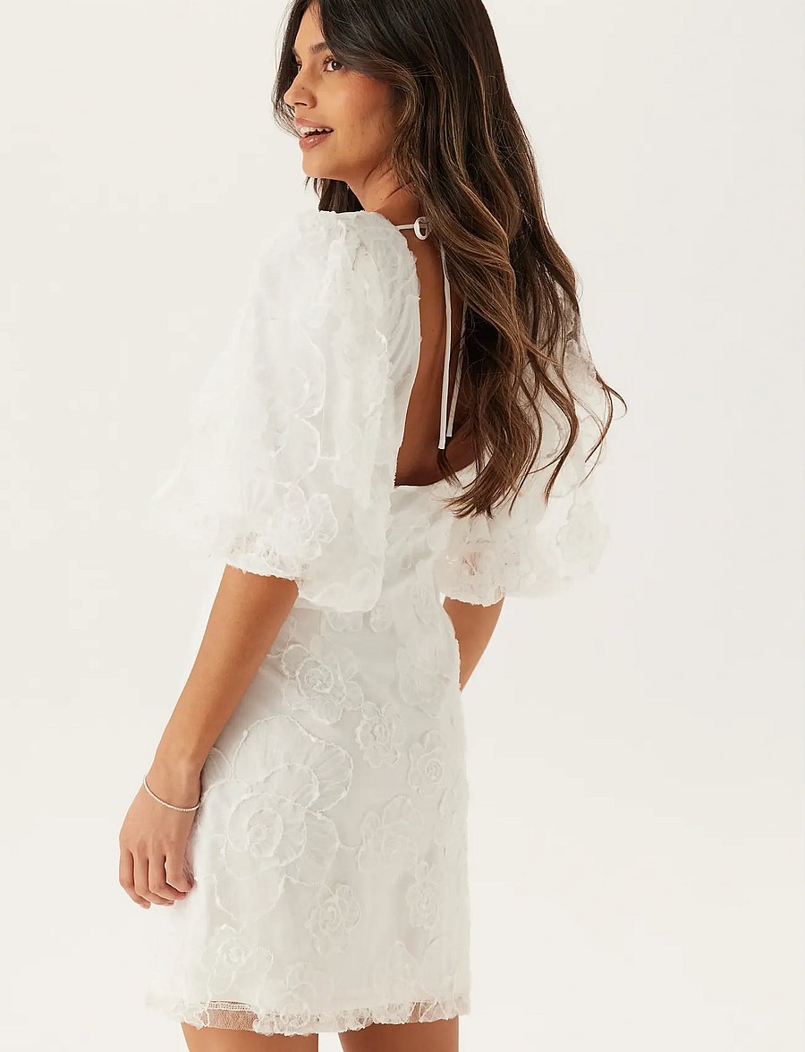 Bubbleroom - Puff Sleeve Embroidered Dress - konfirmationstøj - white - 3