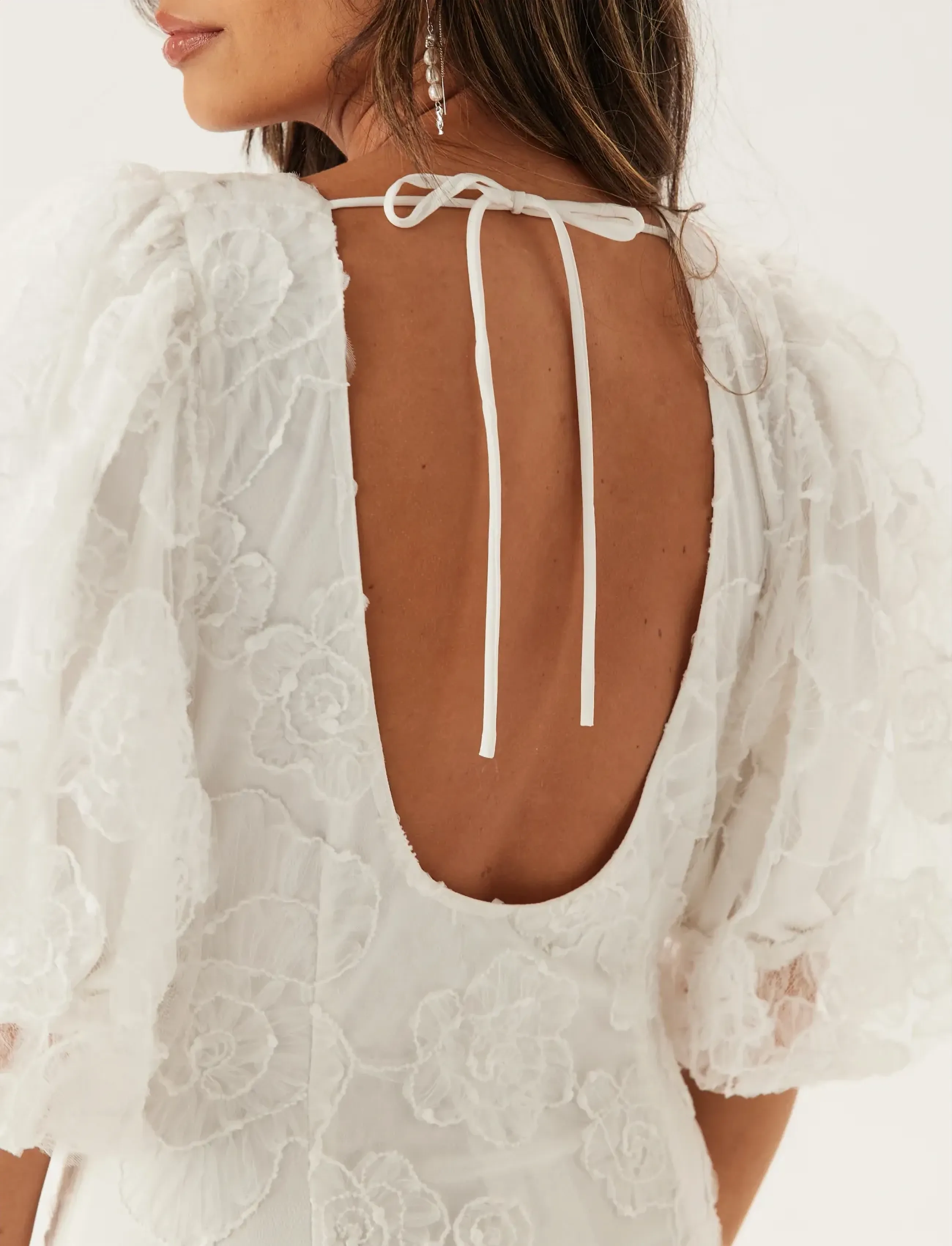 Bubbleroom - Puff Sleeve Embroidered Dress - blondekjoler - white - 5