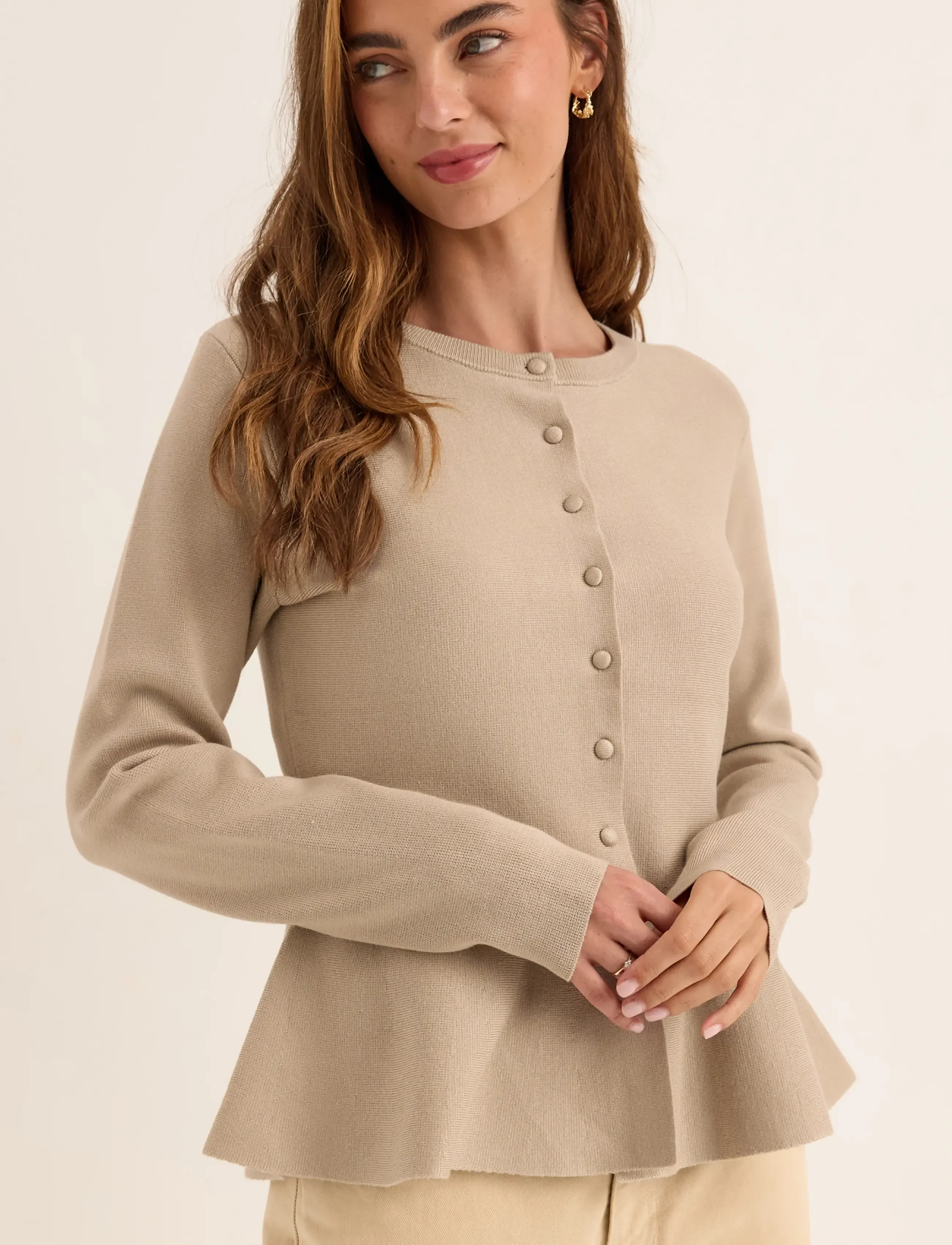 Bubbleroom Knitted Peplum Cardigan - Bubbleroom - LIGHT BEIGE / beige