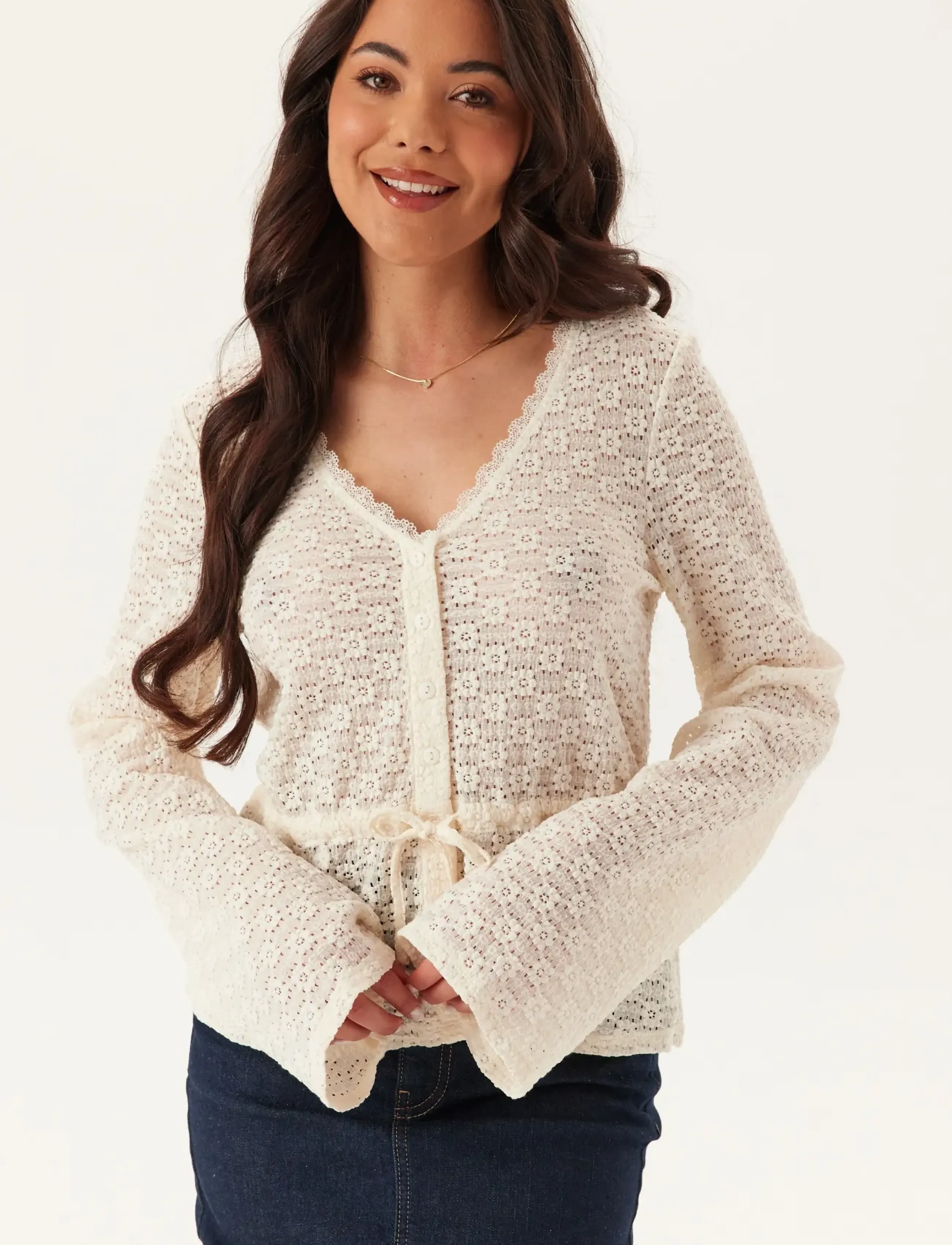 Bubbleroom Peplum Lace Cardigan, Kvinder, Peplum Blonde Cardigan, Cream, Str: 32-34