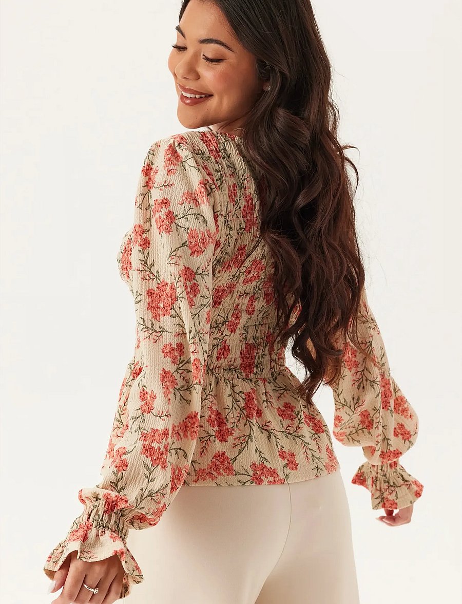 Bubbleroom - Structure Smock Peplum Top - langärmelige blusen - floral/patterned - 4