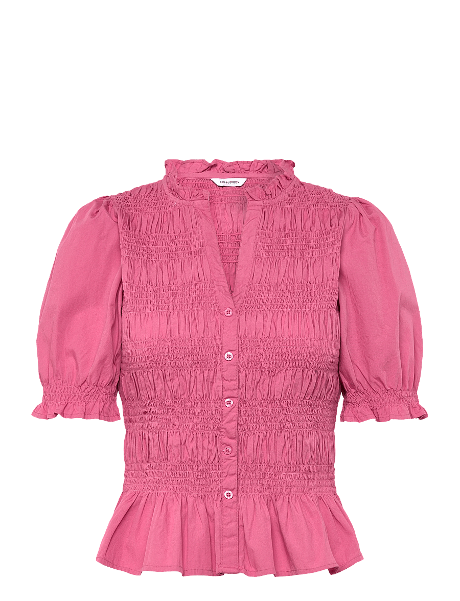 Bubbleroom - Short Sleeve Cotton Smock Blouse - kortærmede bluser - dark pink - 1