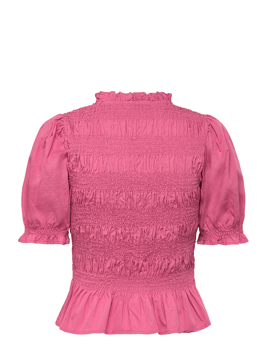 Bubbleroom - Short Sleeve Cotton Smock Blouse - kortærmede bluser - dark pink - 2