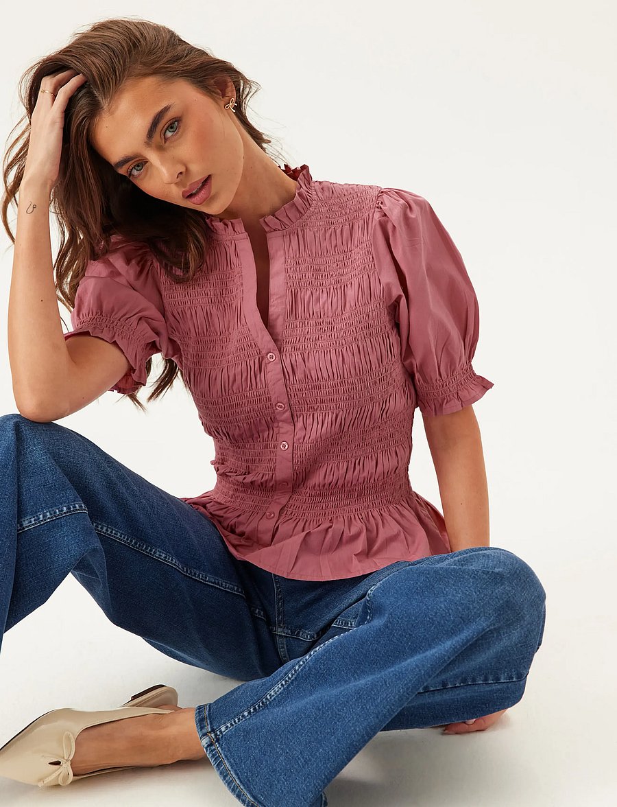 Bubbleroom - Short Sleeve Cotton Smock Blouse - kortærmede bluser - dark pink - 0