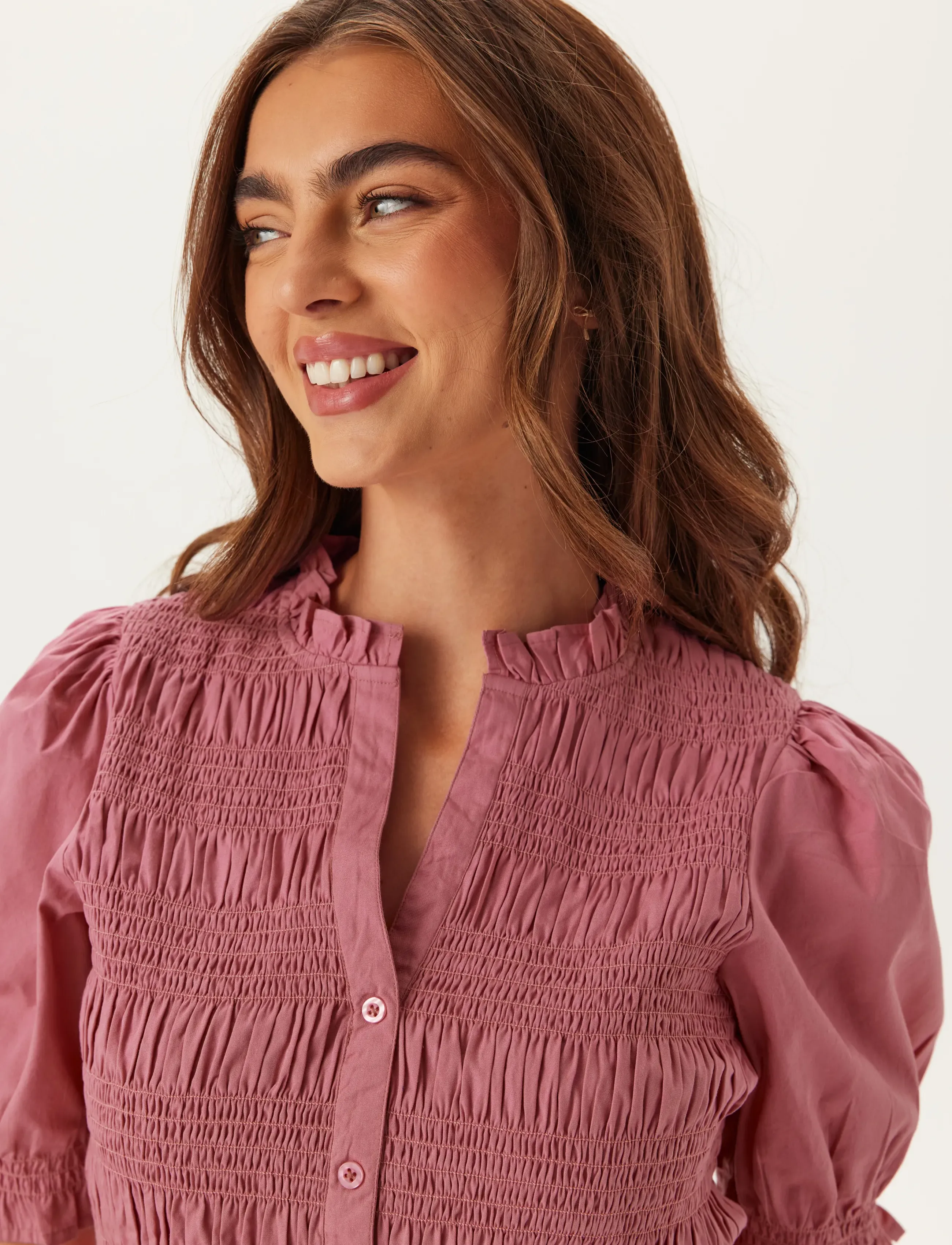 Bubbleroom - Short Sleeve Cotton Smock Blouse - short-sleeved blouses - dark pink - 3