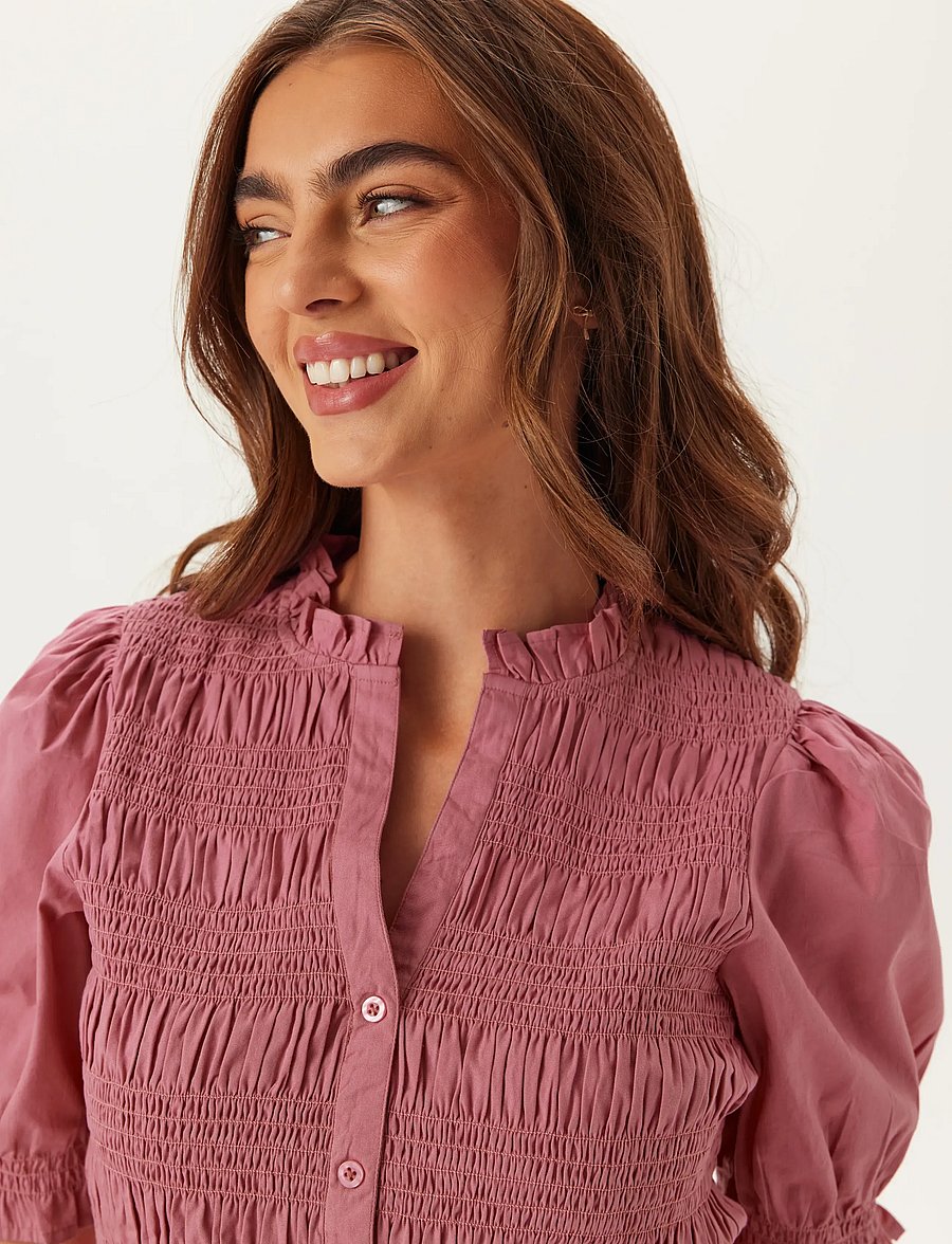 Bubbleroom - Short Sleeve Cotton Smock Blouse - kortærmede bluser - dark pink - 3