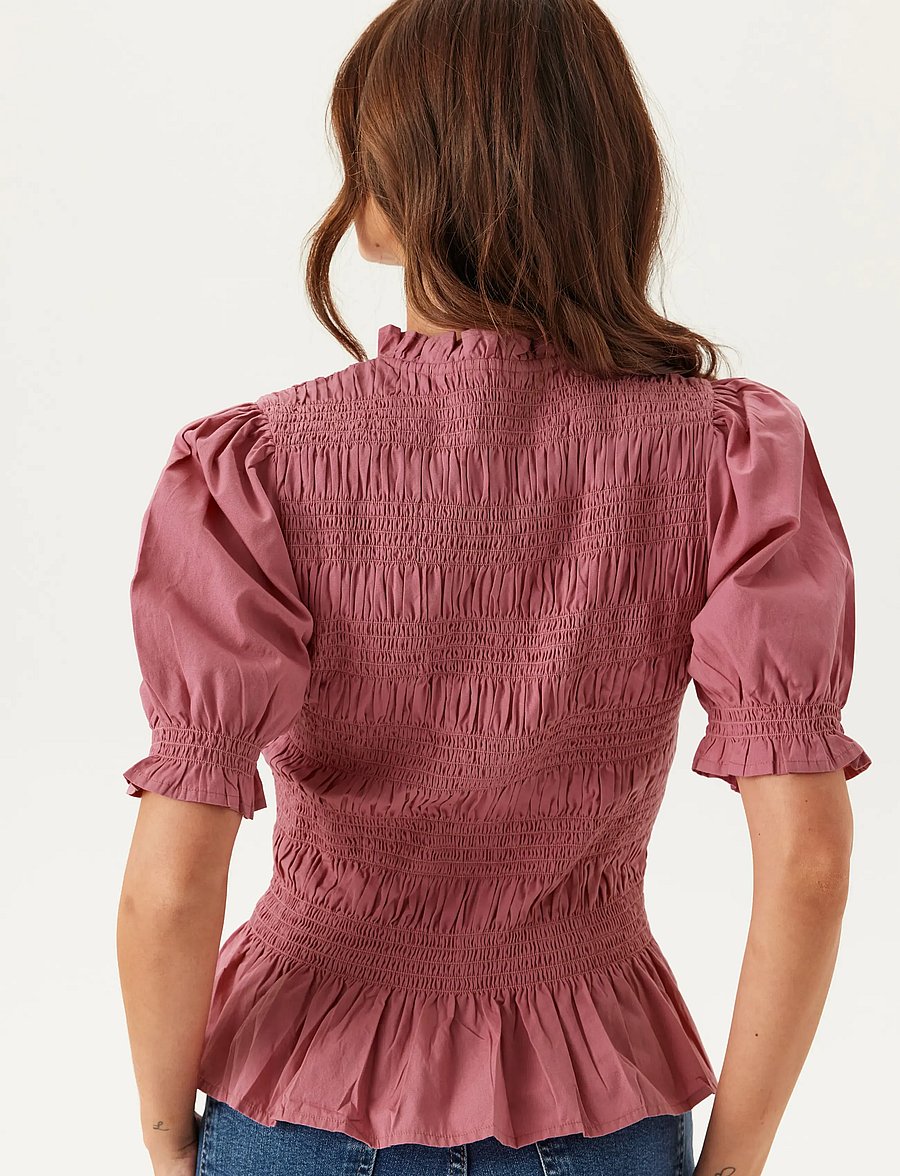 Bubbleroom - Short Sleeve Cotton Smock Blouse - kortærmede bluser - dark pink - 4