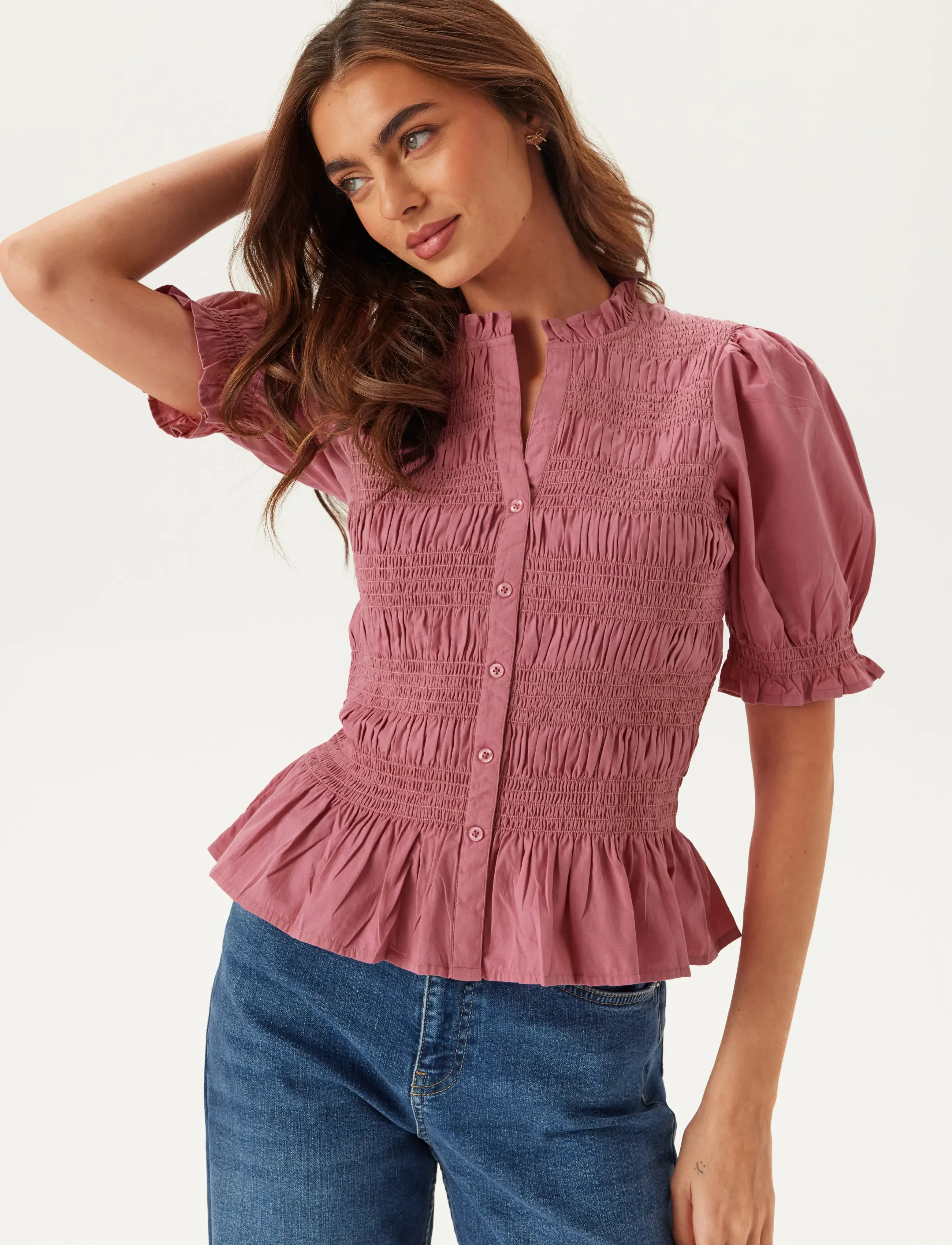 Bubbleroom - Short Sleeve Cotton Smock Blouse - short-sleeved blouses - dark pink - 5
