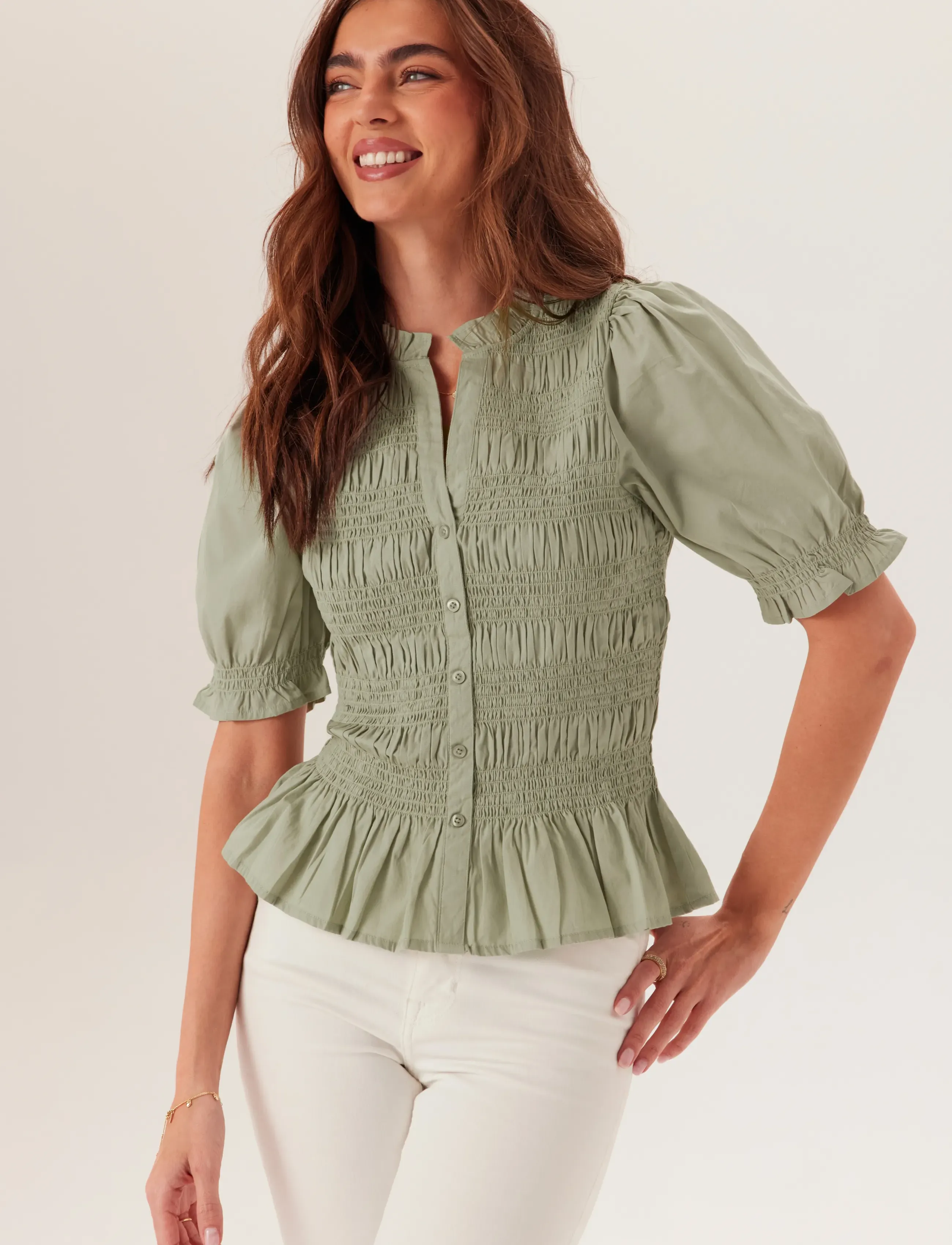 Bubbleroom Short Sleeve Cotton Smock Blouse - Blusen - LIGHT GREEN / green