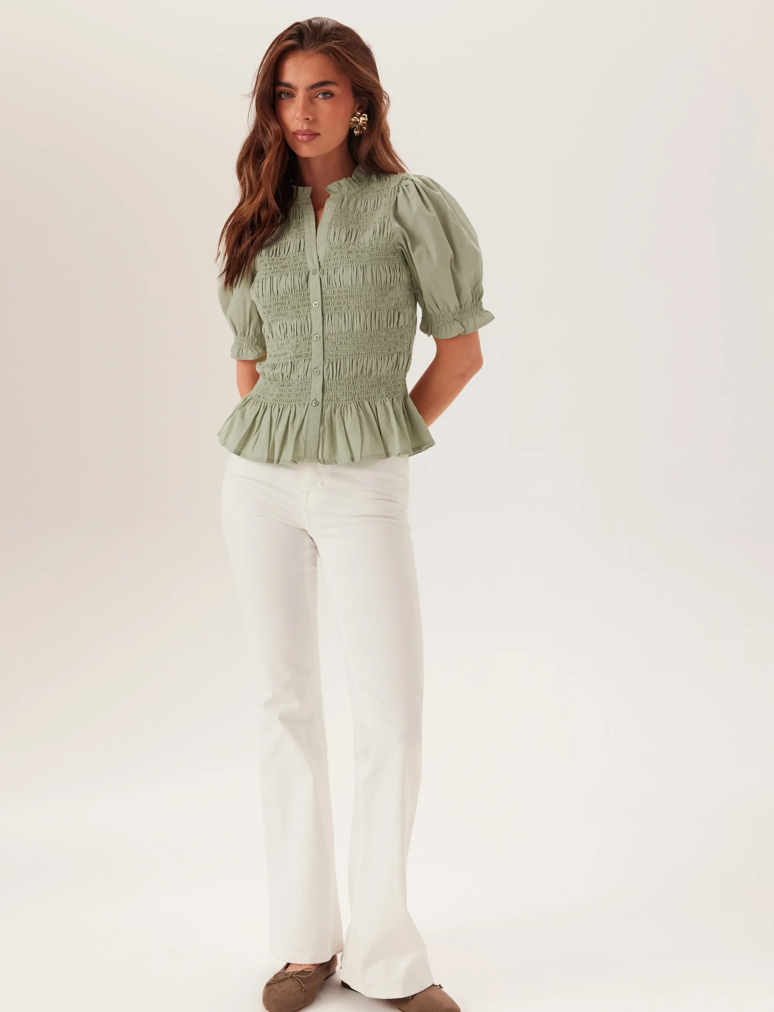 Bubbleroom - Short Sleeve Cotton Smock Blouse - lühikeste varrukatega pluusid - light green - 5