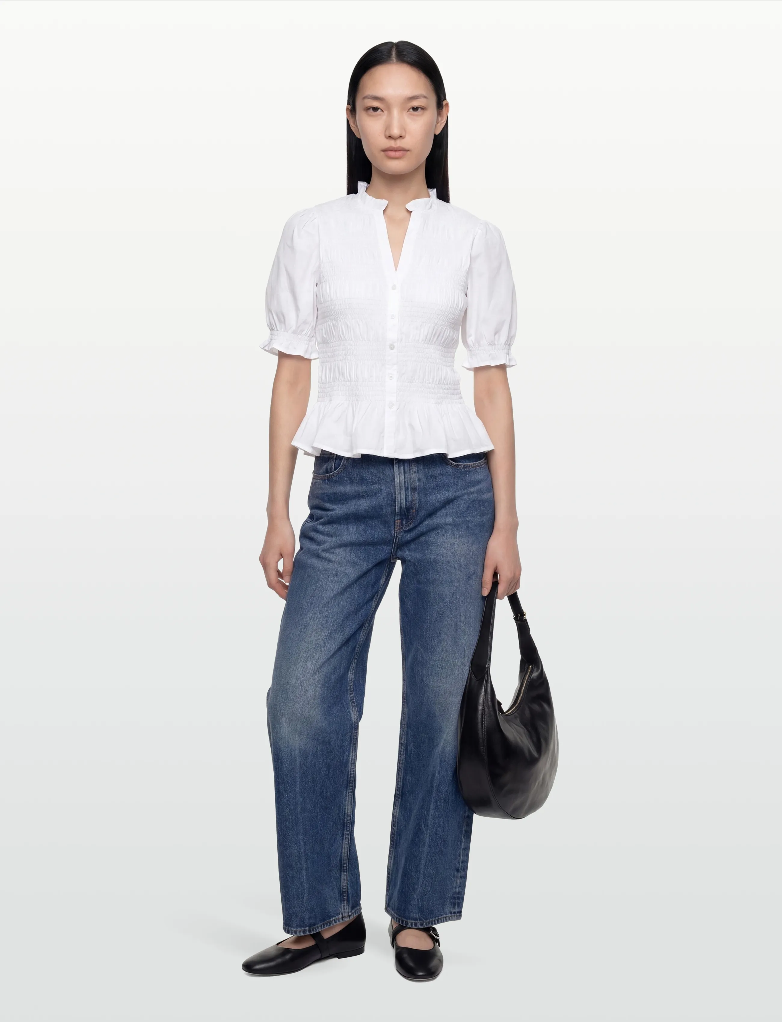 Bubbleroom Short Sleeve Cotton Smock Blouse, S, White, Bluser > Kortærmede, Dame