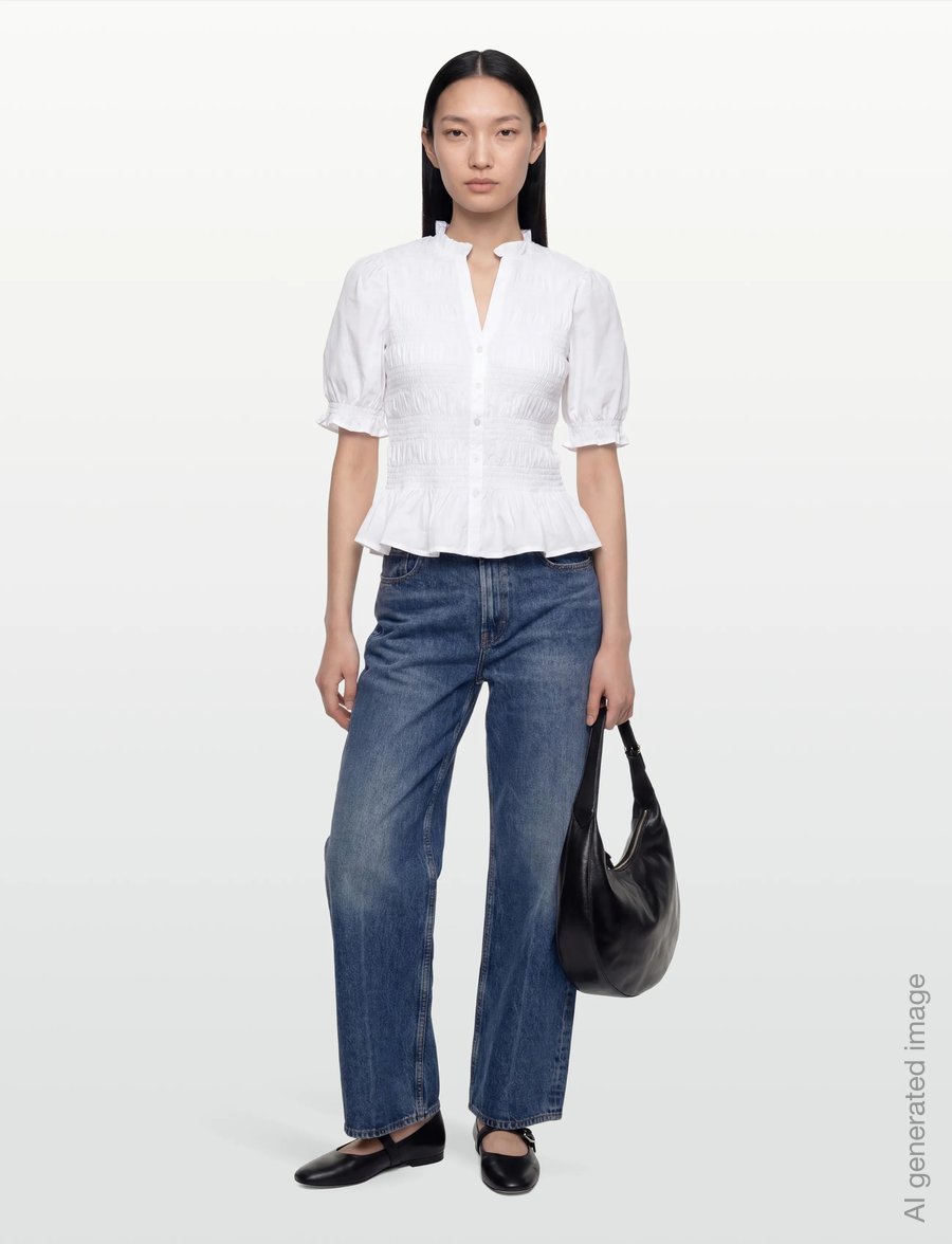 Bubbleroom - Short Sleeve Cotton Smock Blouse - kurzärmelige blusen - white - 0