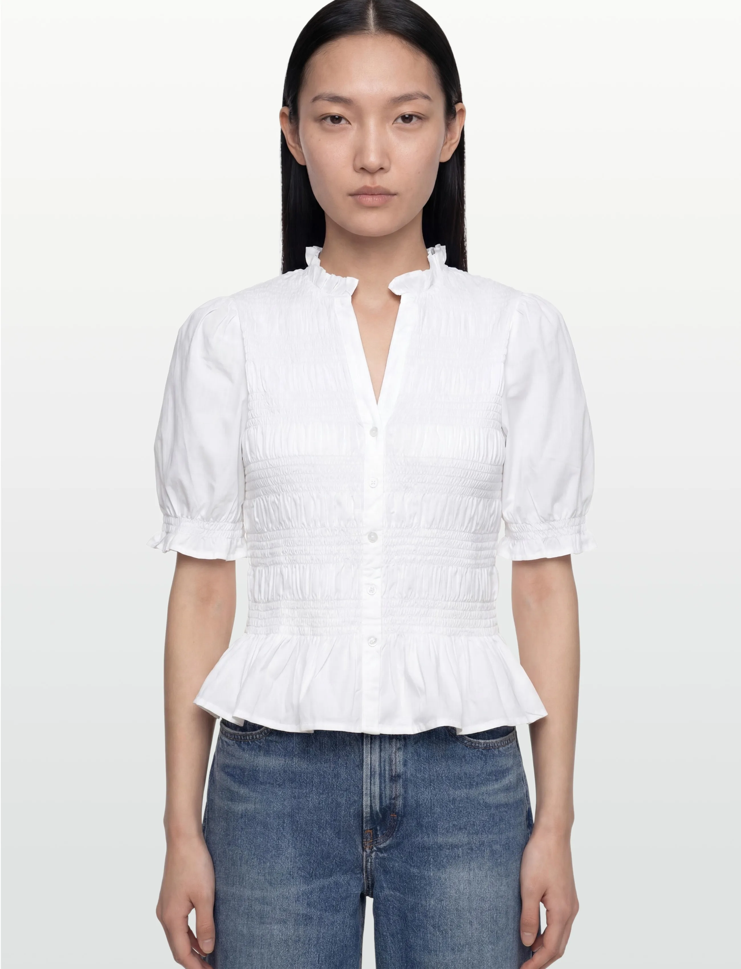 Bubbleroom - Short Sleeve Cotton Smock Blouse - kurzärmelige blusen - white - 3