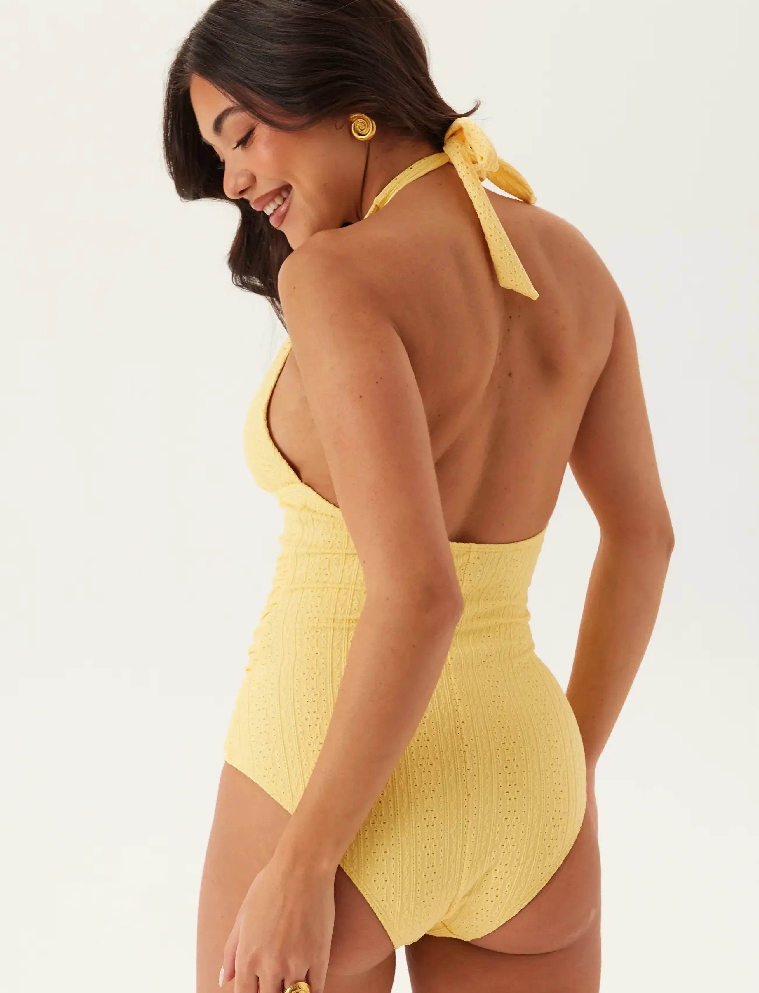 Bubbleroom - Ruched Broderie Anglaise Swimsuit - badedragter - yellow - 3