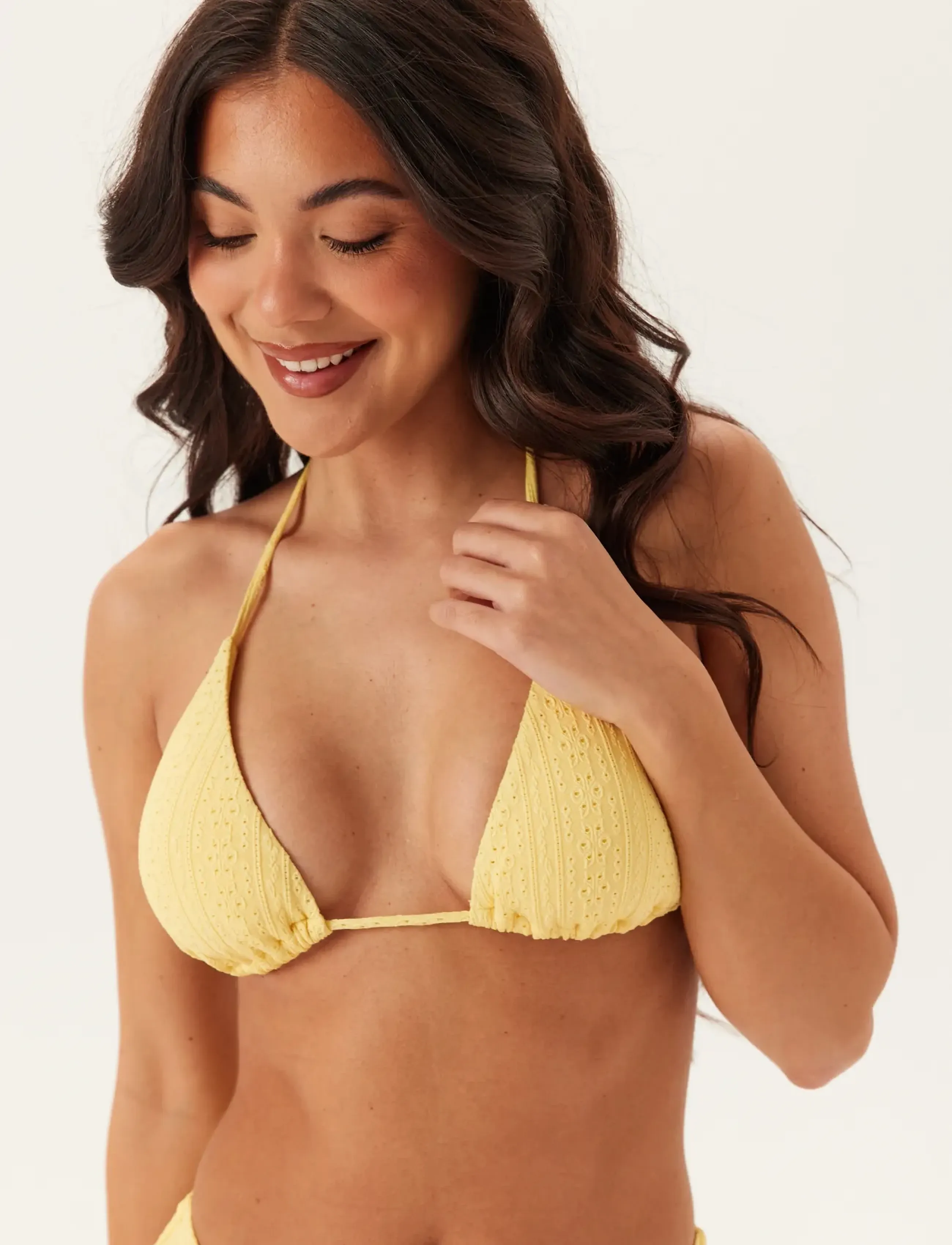 Bubbleroom Triangle Broderie Anglaise Bikini Top, Kvinder, Broderie Anglaise Trekant Bikini Top, Gul, Str: S