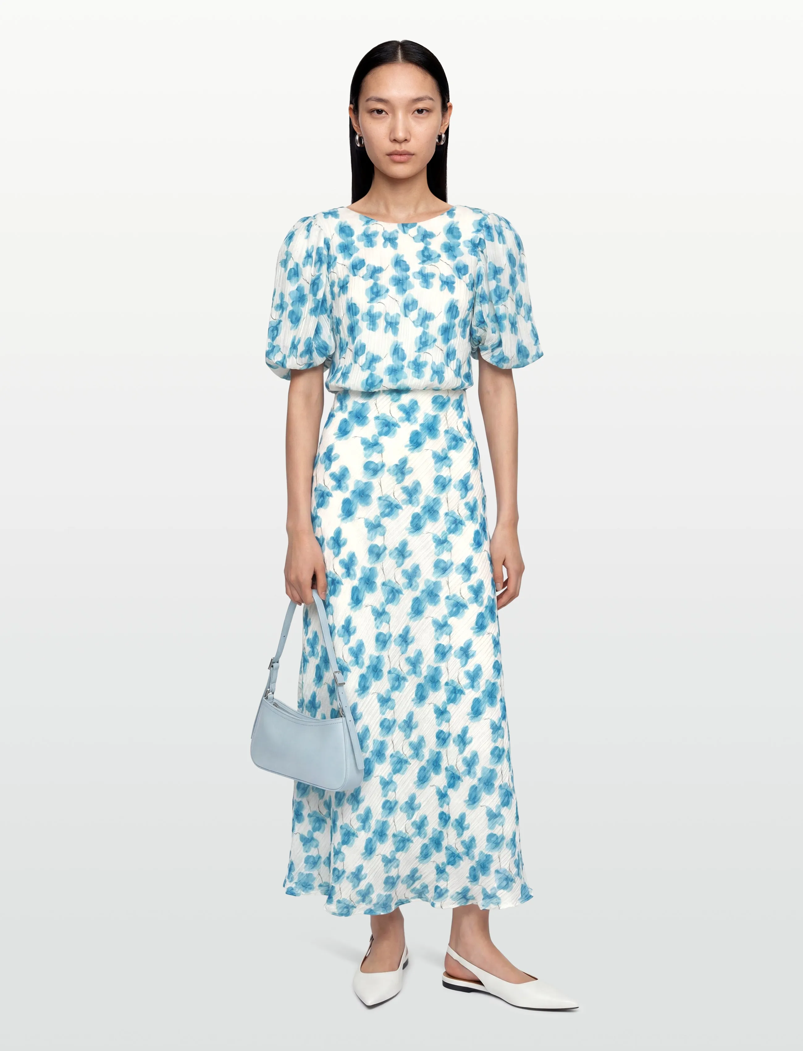 Bubbleroom - Structured Puff Sleeve Ankle Dress - blue/floral - 0