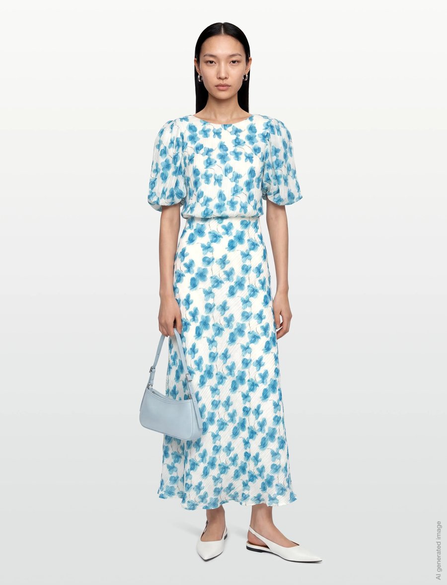 Bubbleroom - Structured Puff Sleeve Ankle Dress - sommerkleider - blue/floral - 0