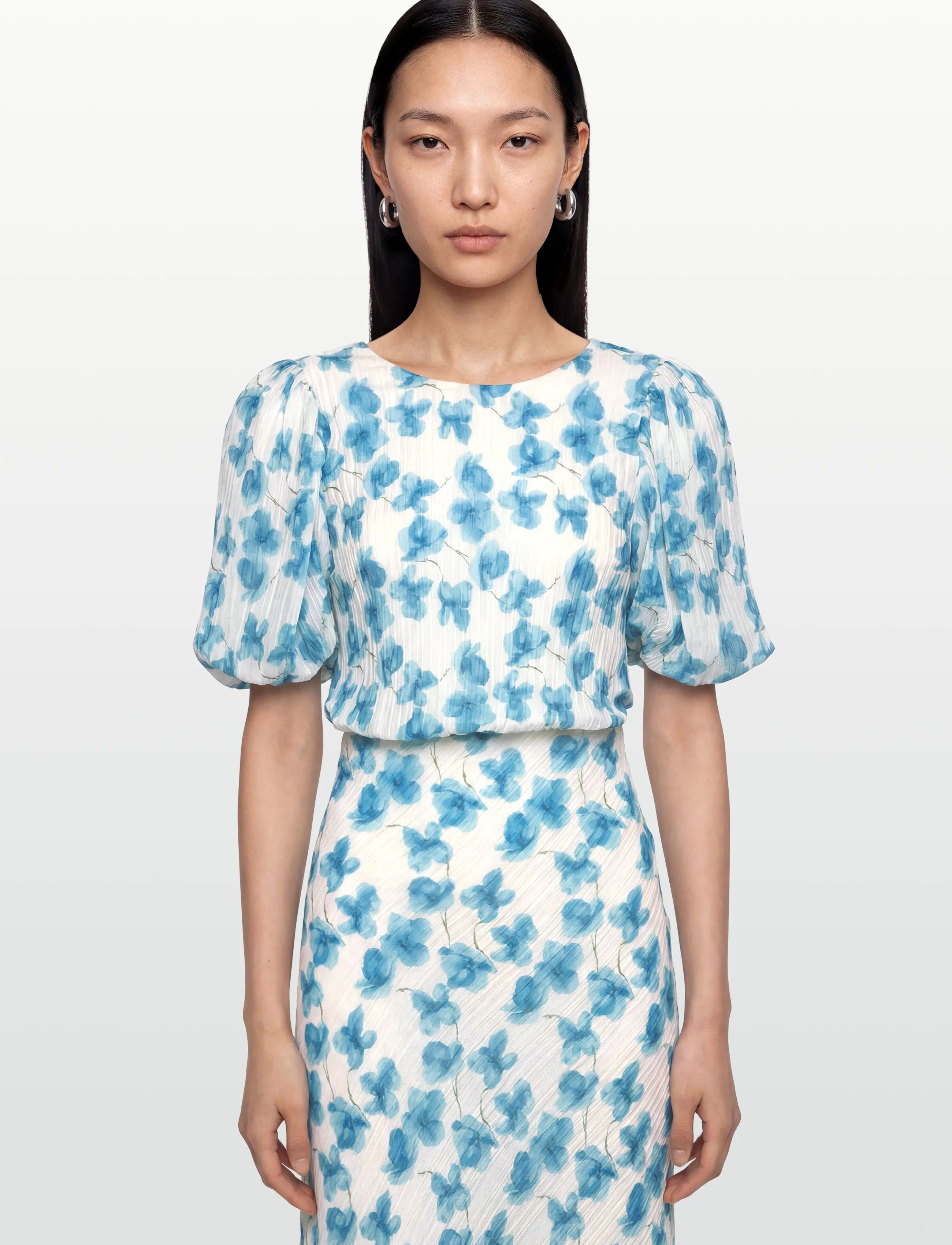 Bubbleroom - Structured Puff Sleeve Ankle Dress - blue/floral - 3