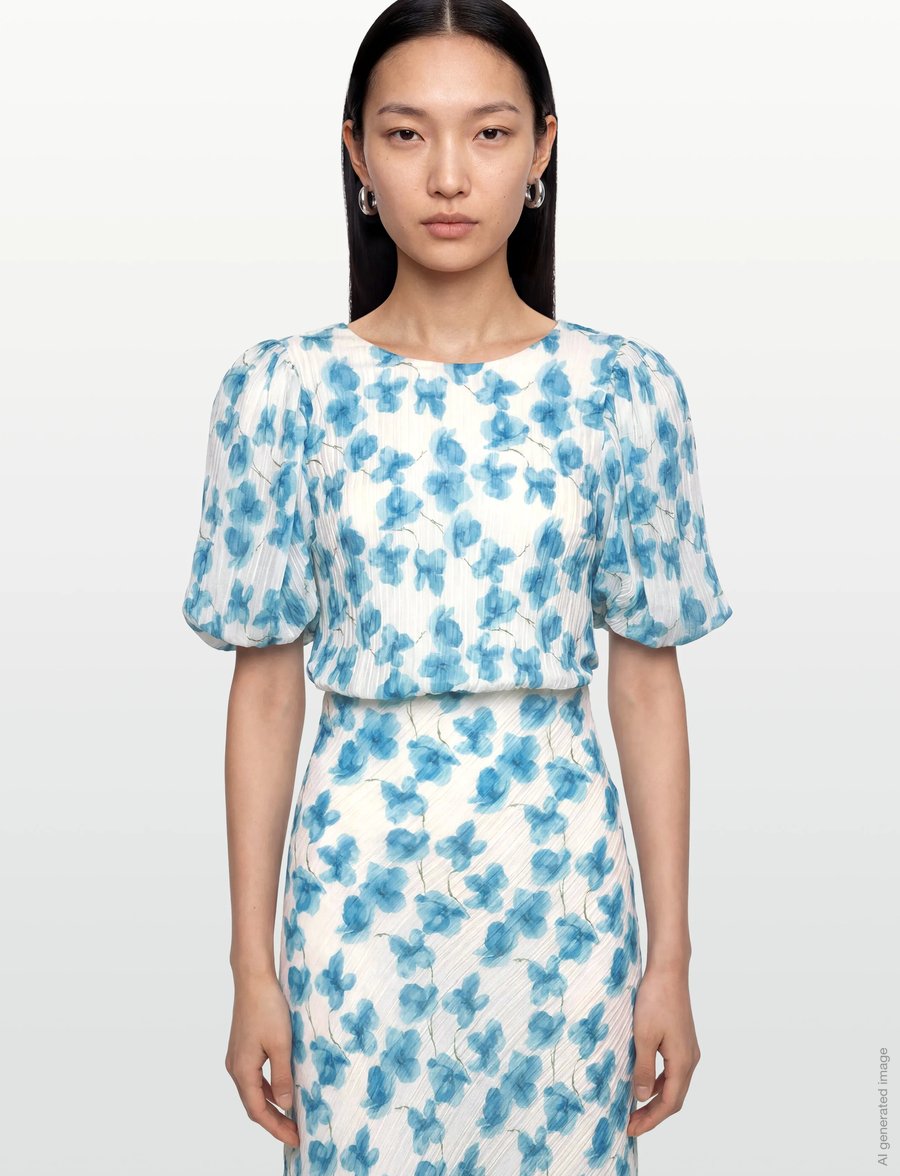 Bubbleroom - Structured Puff Sleeve Ankle Dress - sommerkleider - blue/floral - 3