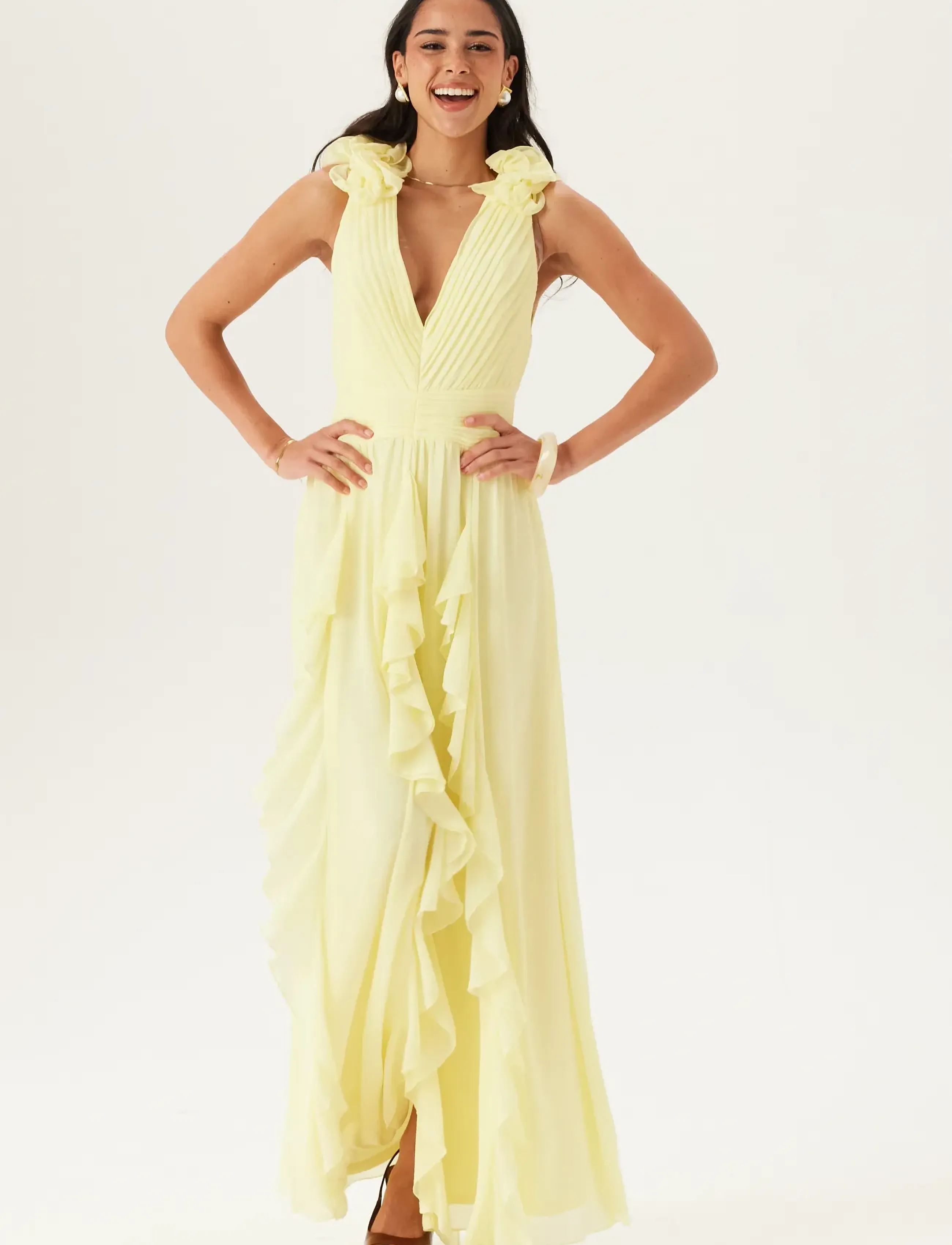 Bubbleroom Frill Ruffle Chiffon Gown, Kvinder, Flæse Gallakjole, Gul, Str: 36