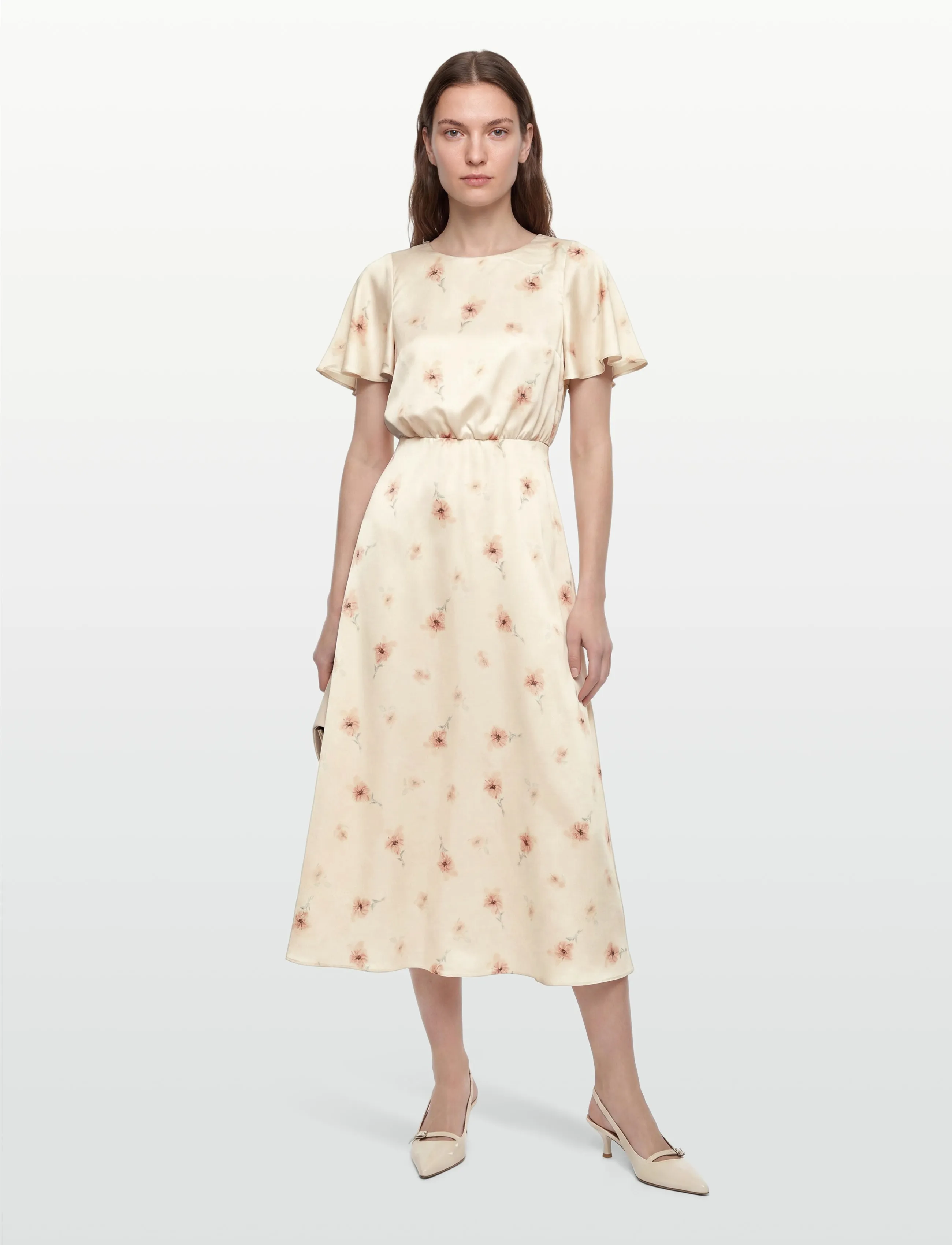 Bubbleroom Butterfly Sleeve Ankle Dress - Young - LIGHT YELLOW/PATTERNED / cream
