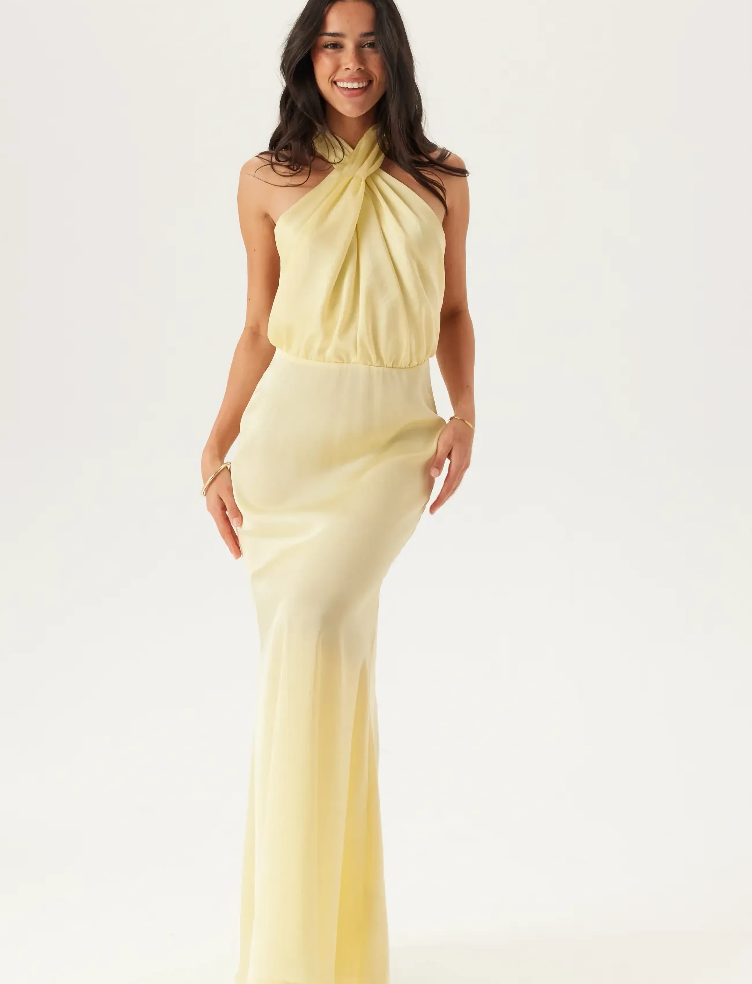 Bubbleroom Halterneck Satin Gown, 42, Dresses, Gelb - Maxi Dress, Frauen