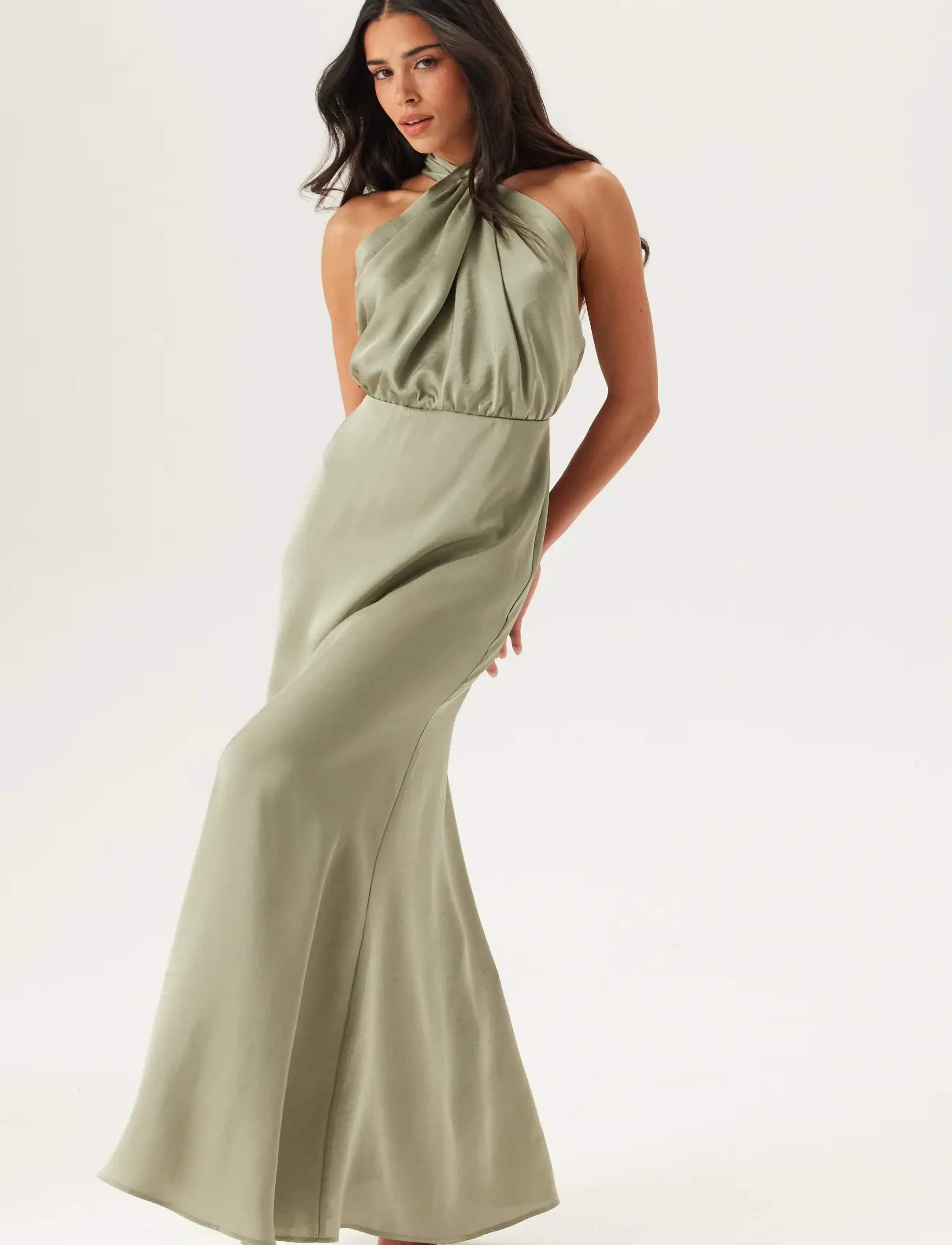 Bubbleroom Halterneck Satin Gown, 40, Dresses, Khakigrün - Maxi Dress, Frauen