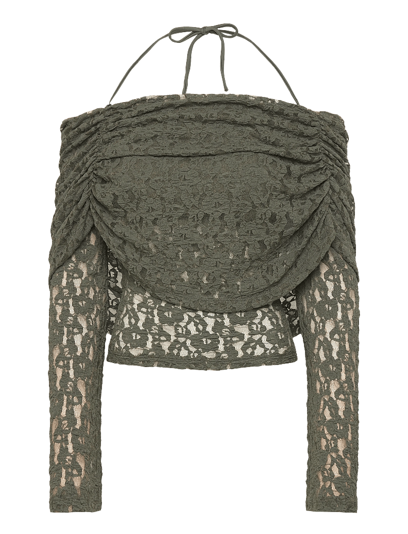 Bubbleroom - Drapy Lace Top - langärmlige tops - dark green - 1
