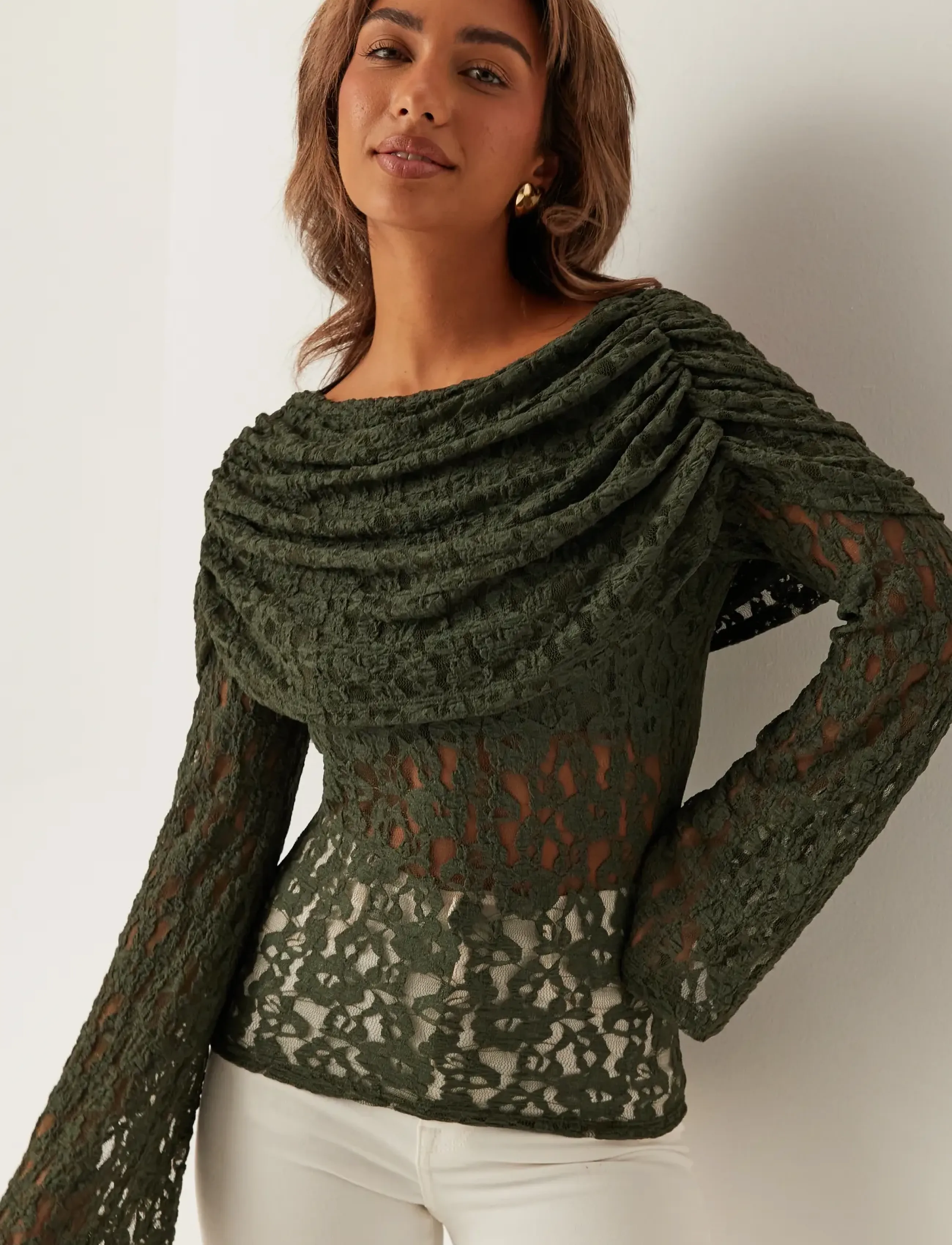 Bubbleroom Drapy Lace Top, XS, Khaki green, Toppe > Festtoppe, Dame
