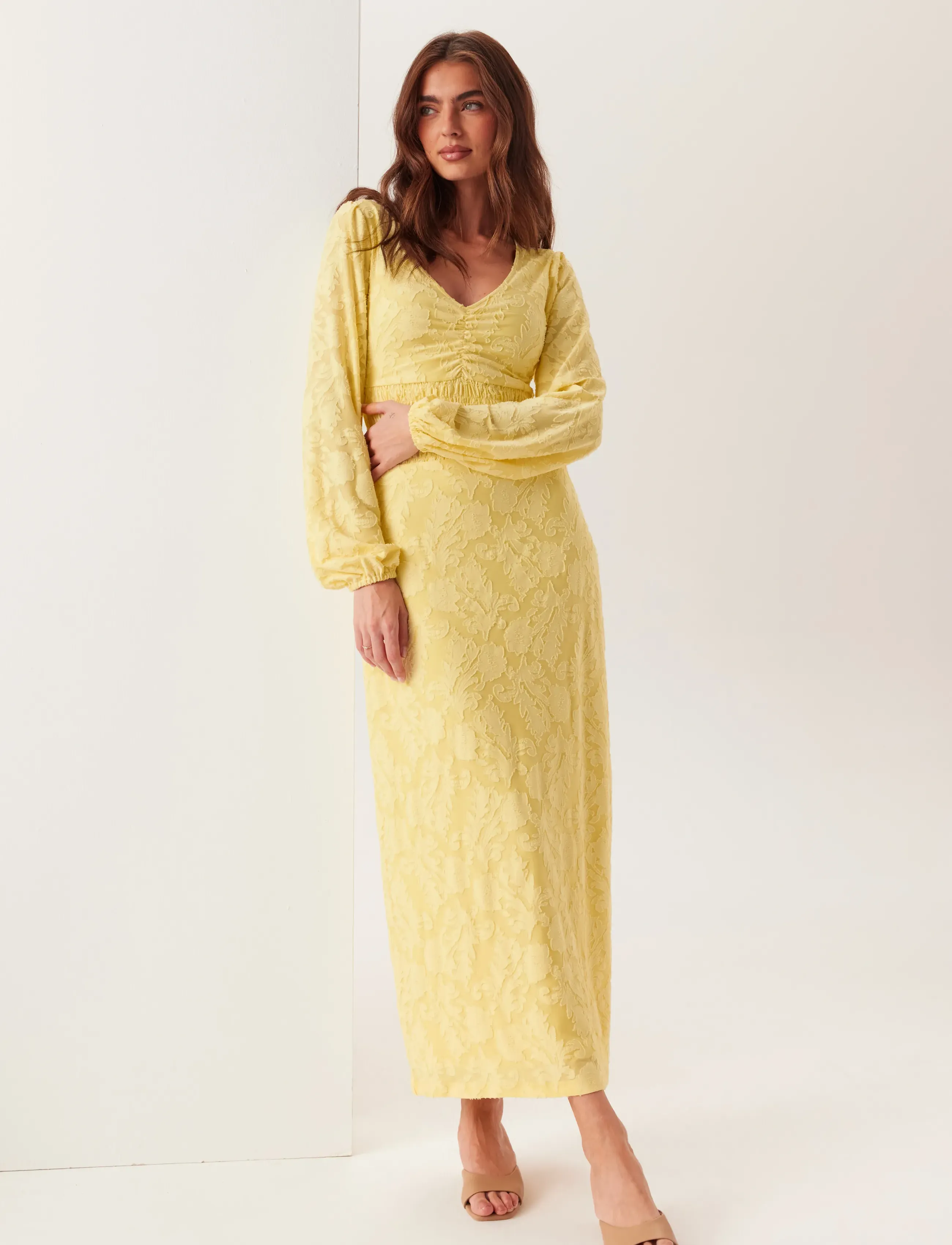 Bubbleroom Structure Floral Smock Maxi Dress - Kjoler - LIGHT YELLOW / yellow