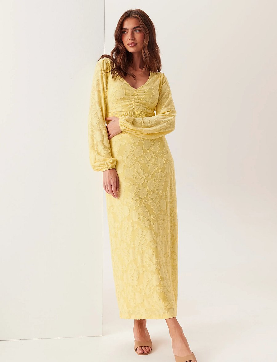 Bubbleroom - Structure Floral Smock Maxi Dress - sommarklänningar - light yellow - 0