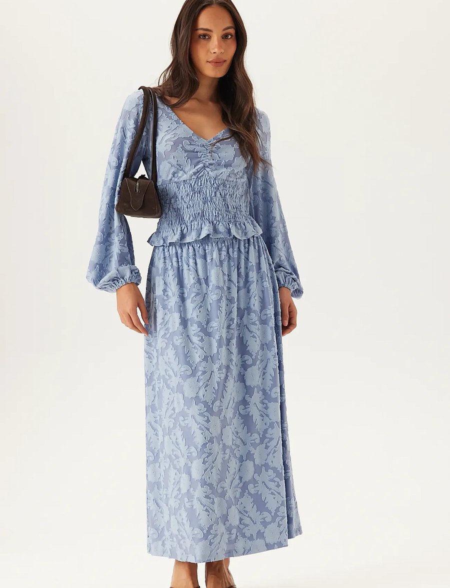 Bubbleroom - Structure Floral Maxi Skirt - maxi röcke - light blue - 0