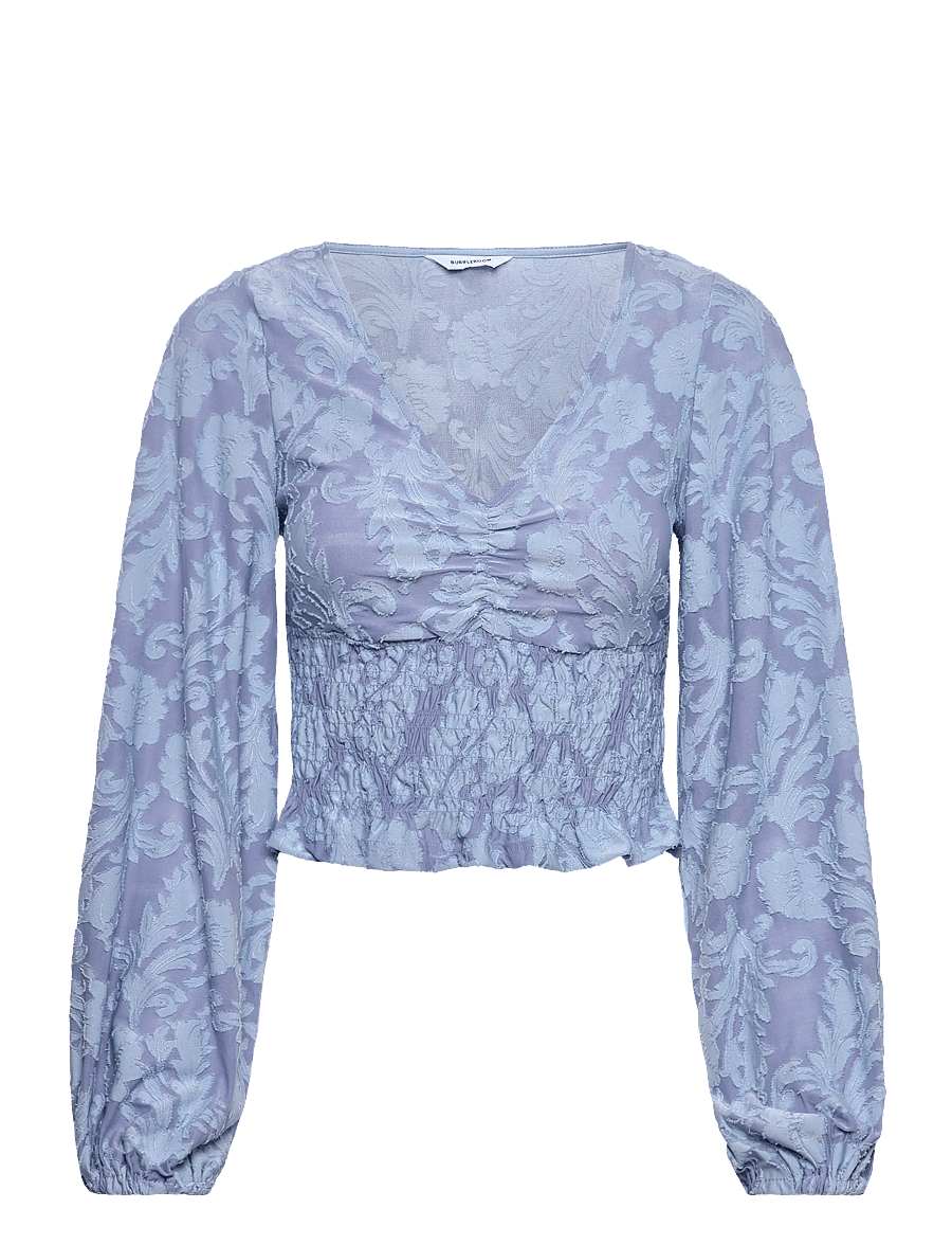 Bubbleroom - Structure Floral Smock Top - langärmelige blusen - light blue - 1