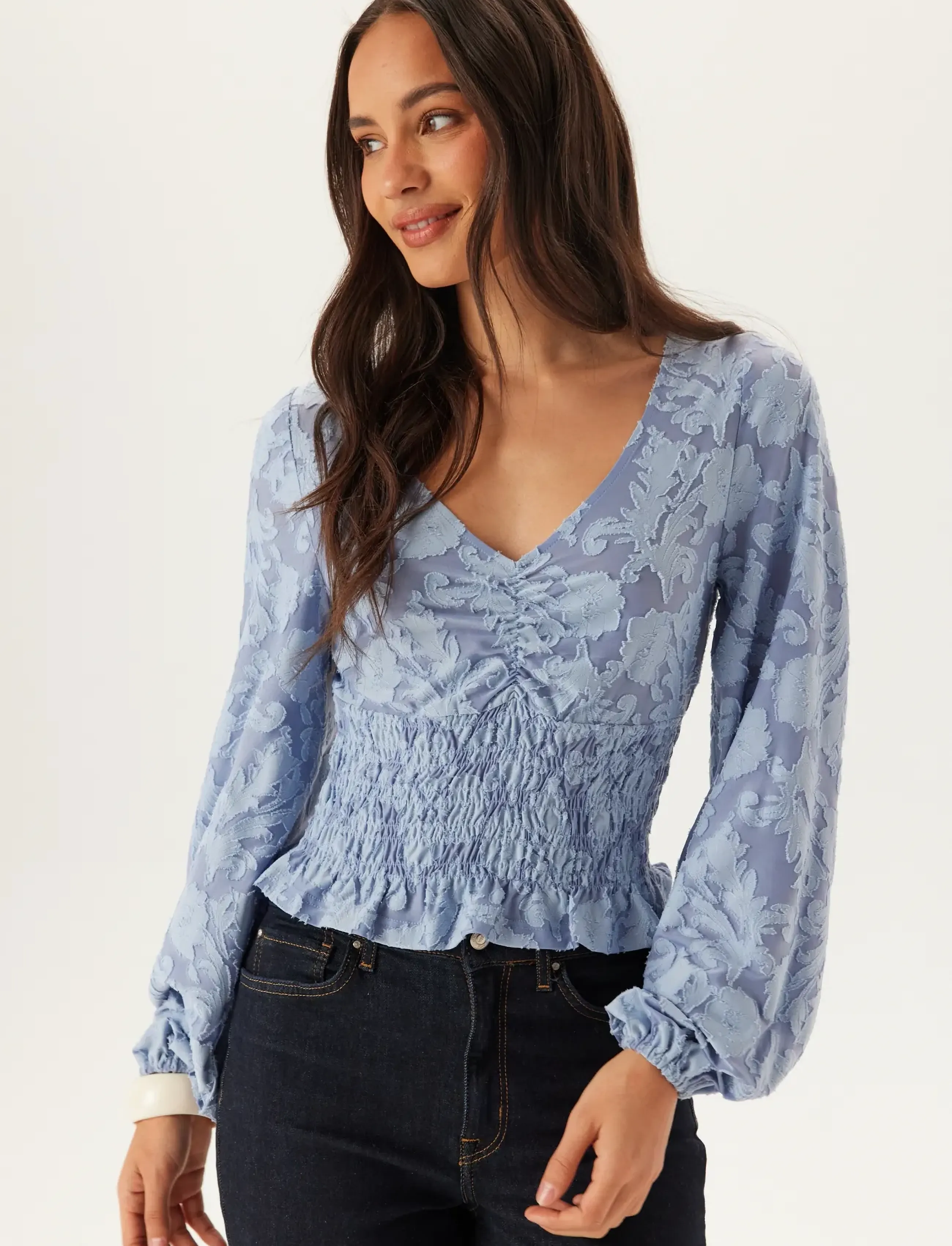 Bubbleroom Structure Floral Smock Top, XS, Blue, Bluser > Langærmede, Dame