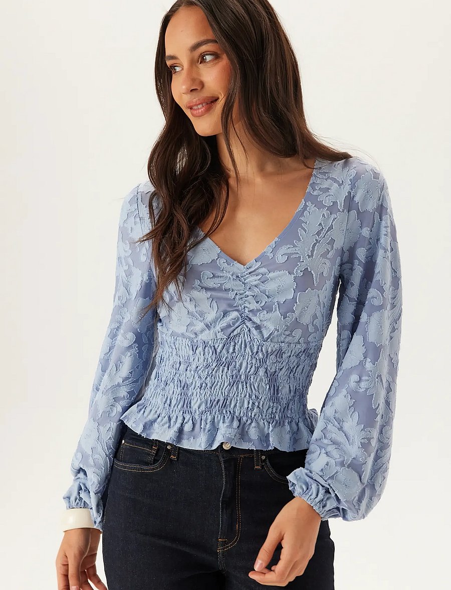 Bubbleroom - Structure Floral Smock Top - langärmelige blusen - light blue - 0