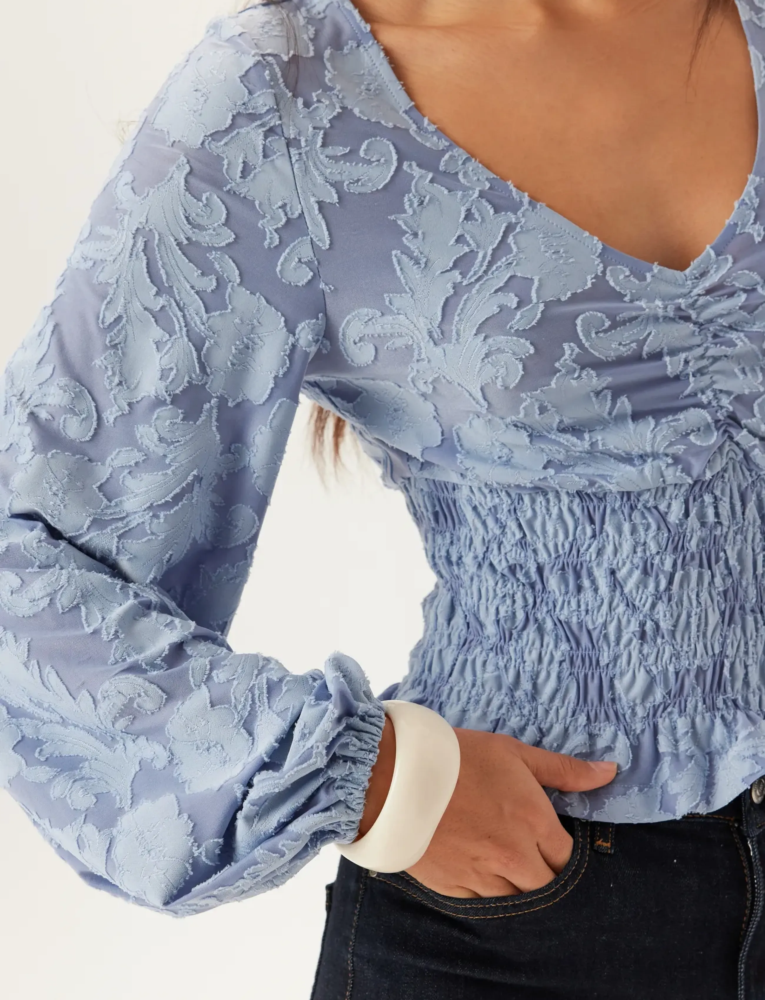 Bubbleroom - Structure Floral Smock Top - long-sleeved blouses - light blue - 3